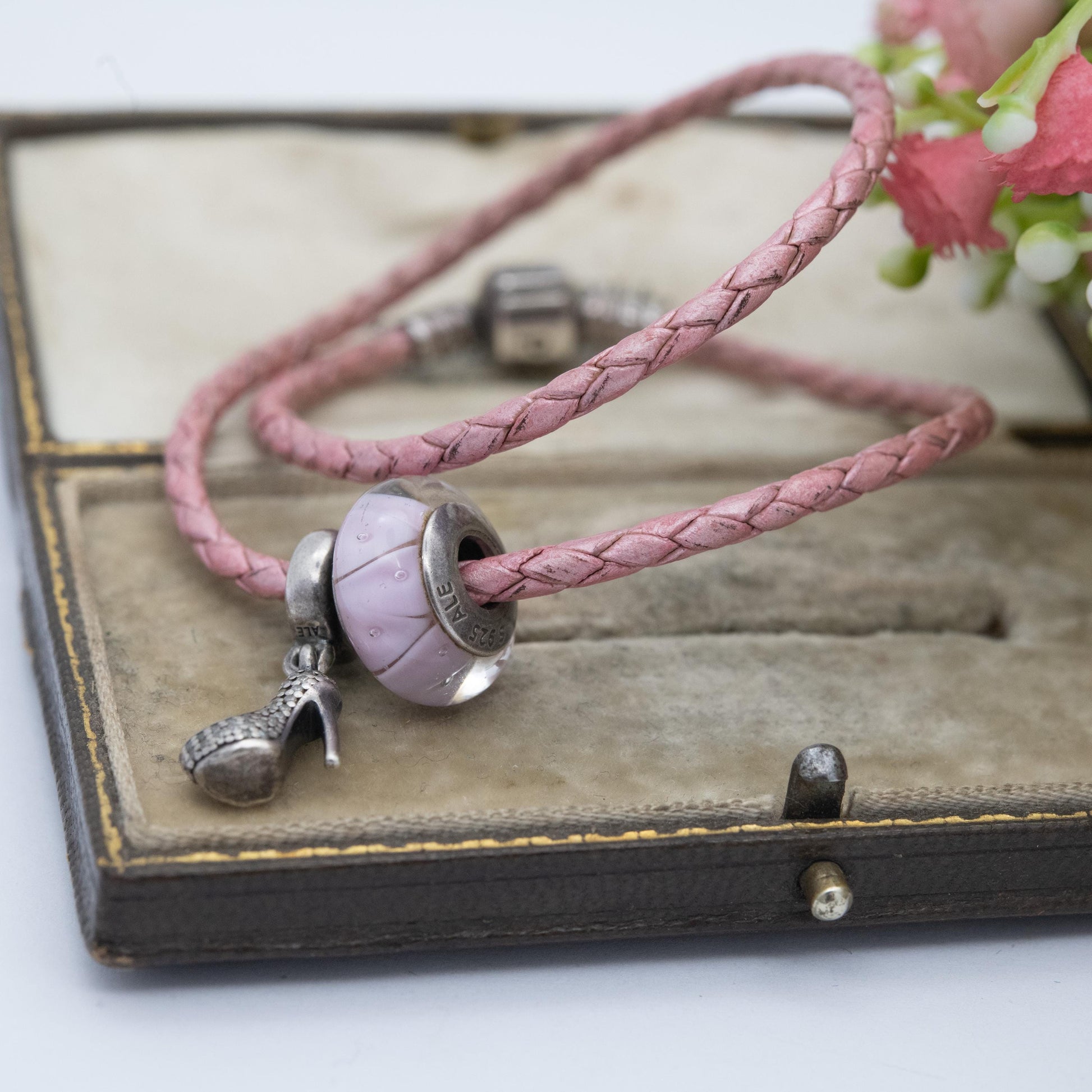 Pandora Sterling Silver Pink Leather Double Charm Bracelet with 2 Charms - 925 ALE Glass Bead | Branded Bracelet for Pandora Charms