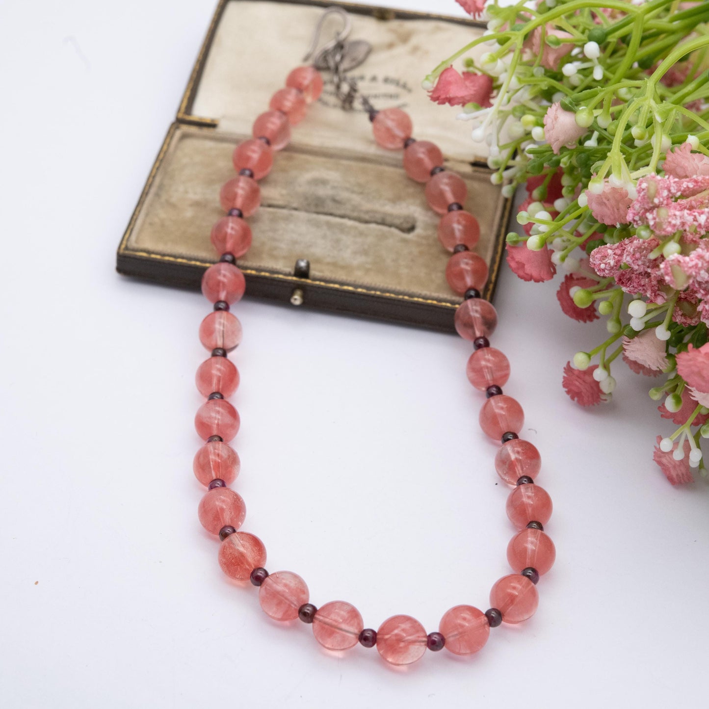 Sterling Silver Beaded Gemstone Necklace by Eleven - Pink and Garnet Stones