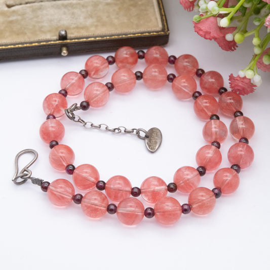 Sterling Silver Beaded Gemstone Necklace by Eleven - Pink and Garnet Stones