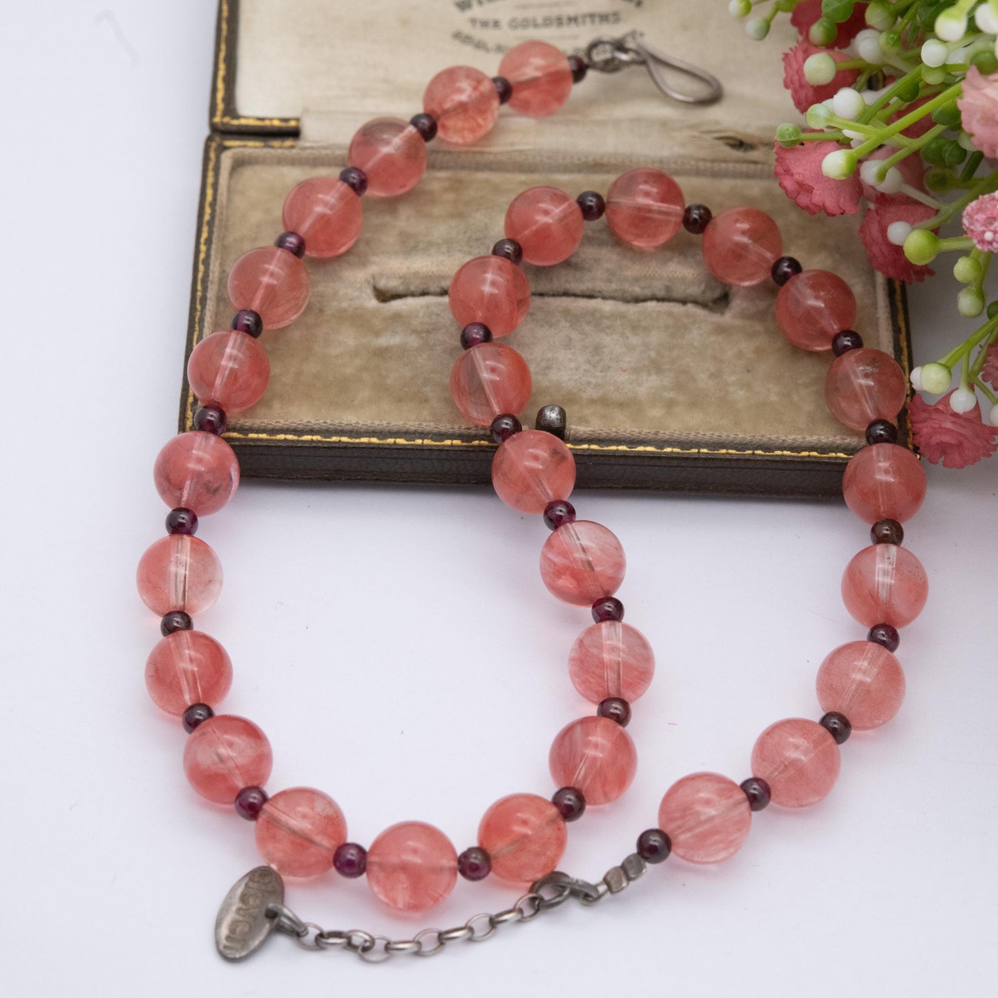 Sterling Silver Beaded Gemstone Necklace by Eleven - Pink and Garnet Stones