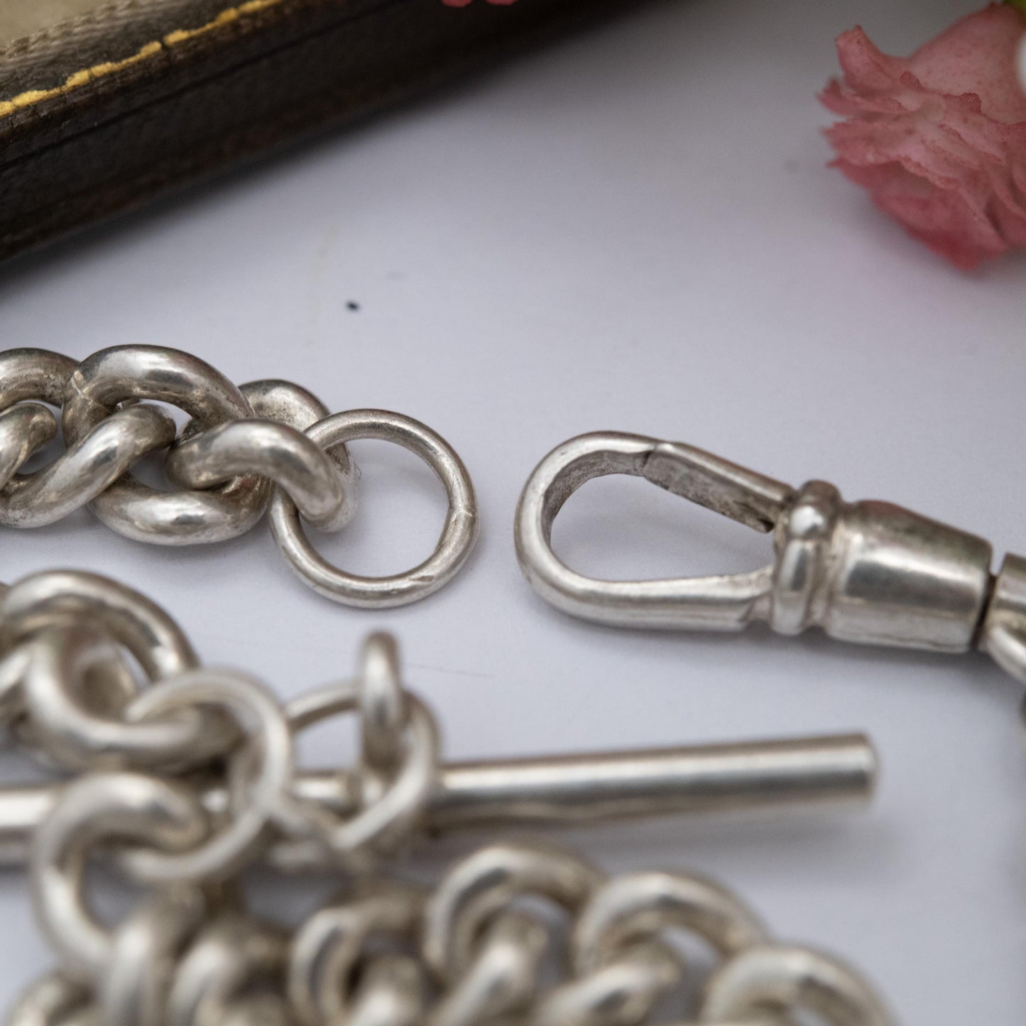 Vintage Italian Sterling Silver Albert Watch Chain Necklace with Dog Clip and T Bar 19" - Heavy Chunky Chain | Gift for Him