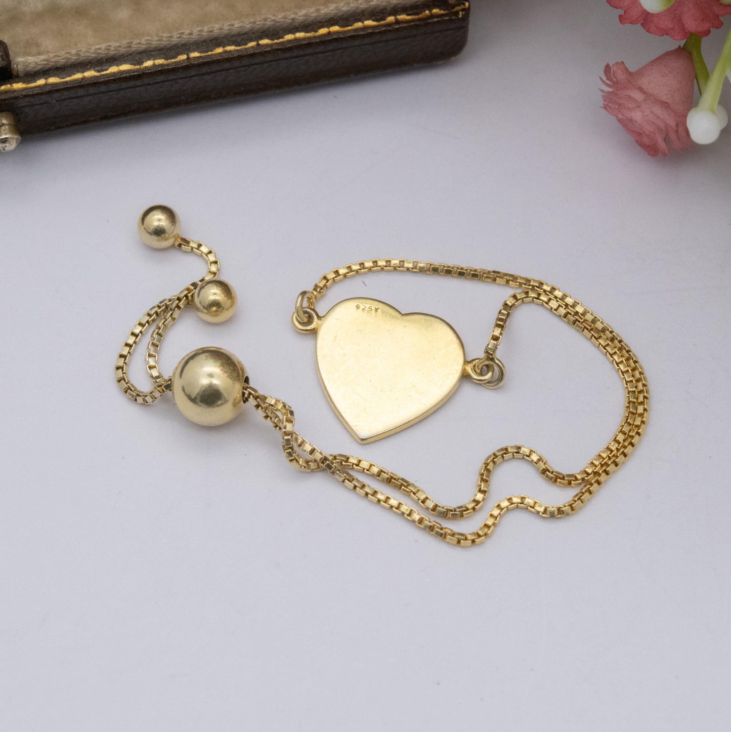 Gold Plated Sterling Silver Heart Slider Bracelet - Glitter Love Heart | Box Link Chain | Gift for Her