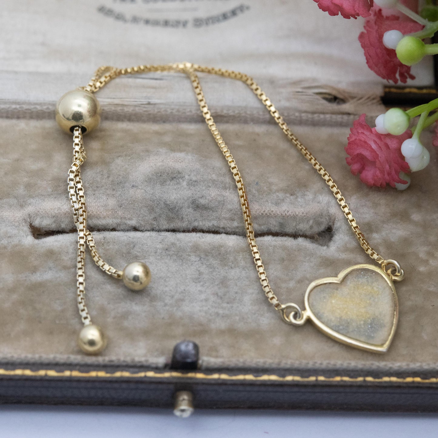 Gold Plated Sterling Silver Heart Slider Bracelet - Glitter Love Heart | Box Link Chain | Gift for Her