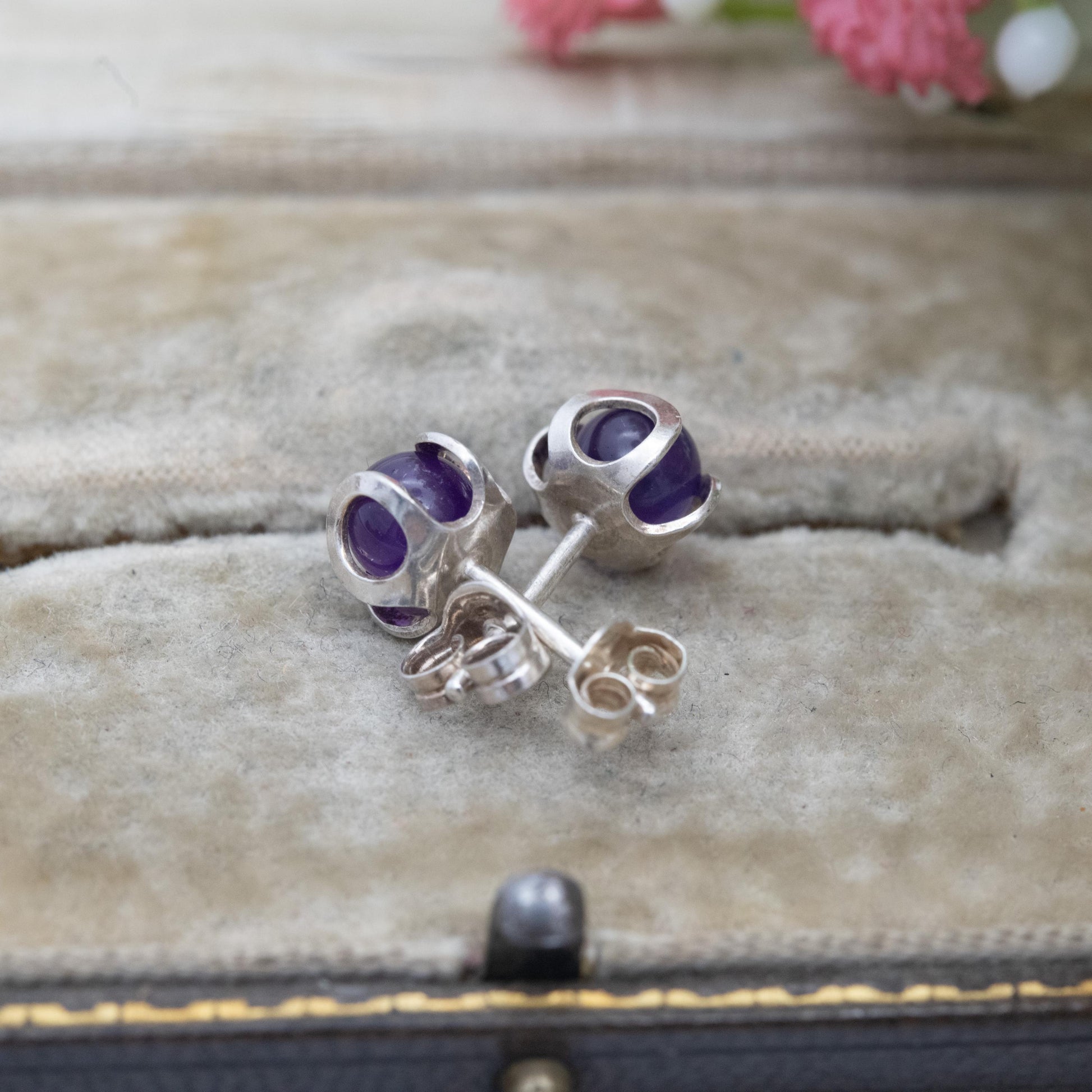 Vintage Sterling Silver Amethyst Stud Earrings - Small Studs | Purple Gemstone Jewellery Gift for Her