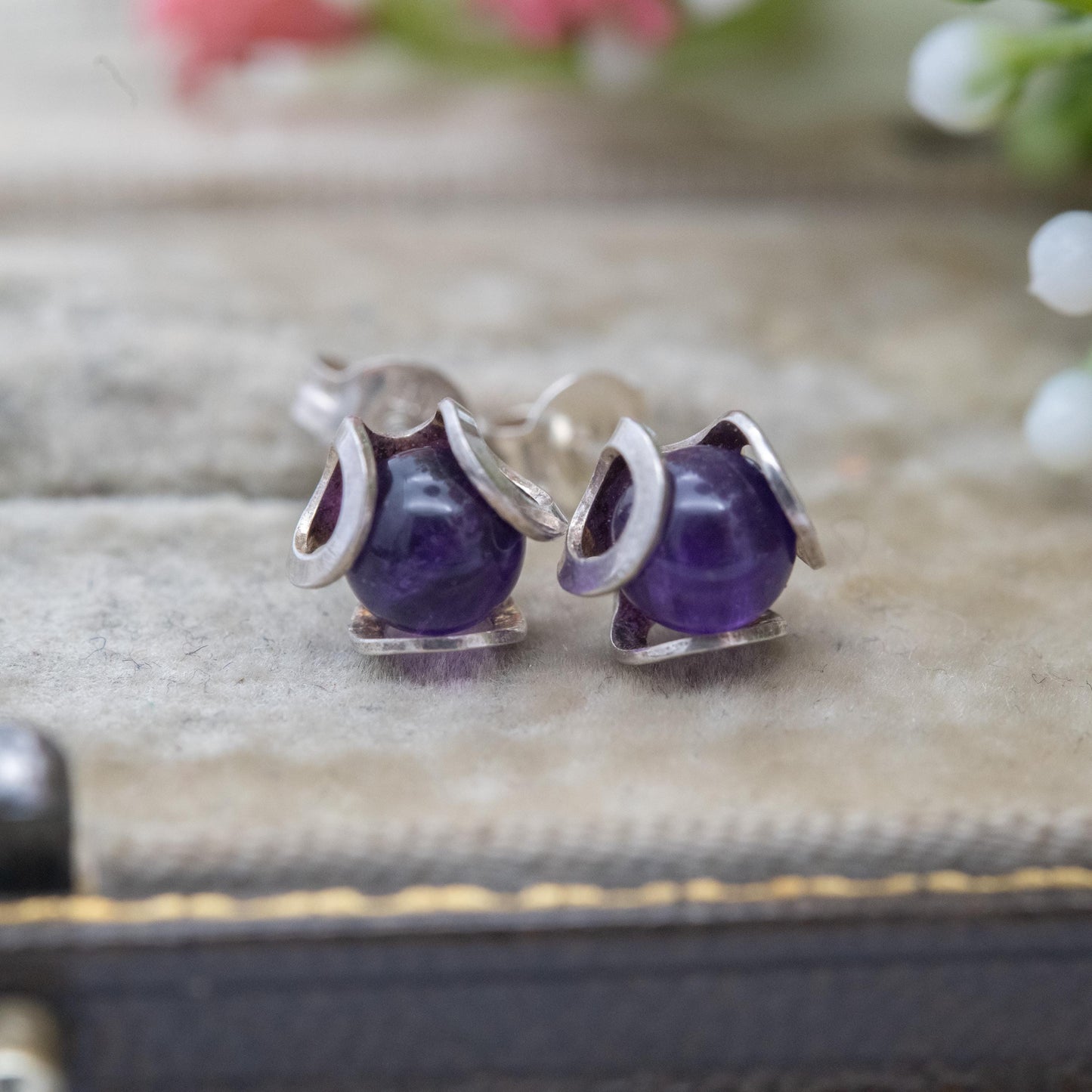 Vintage Sterling Silver Amethyst Stud Earrings - Small Studs | Purple Gemstone Jewellery Gift for Her