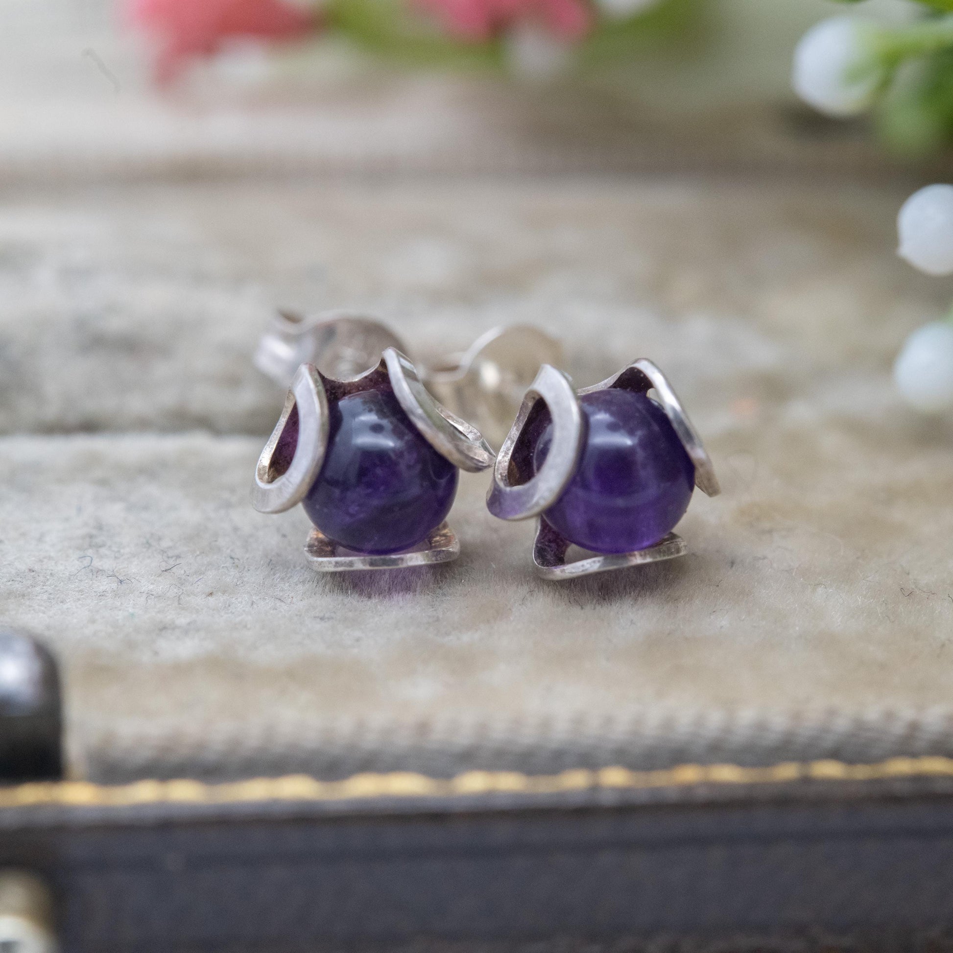 Vintage Sterling Silver Amethyst Stud Earrings - Small Studs | Purple Gemstone Jewellery Gift for Her