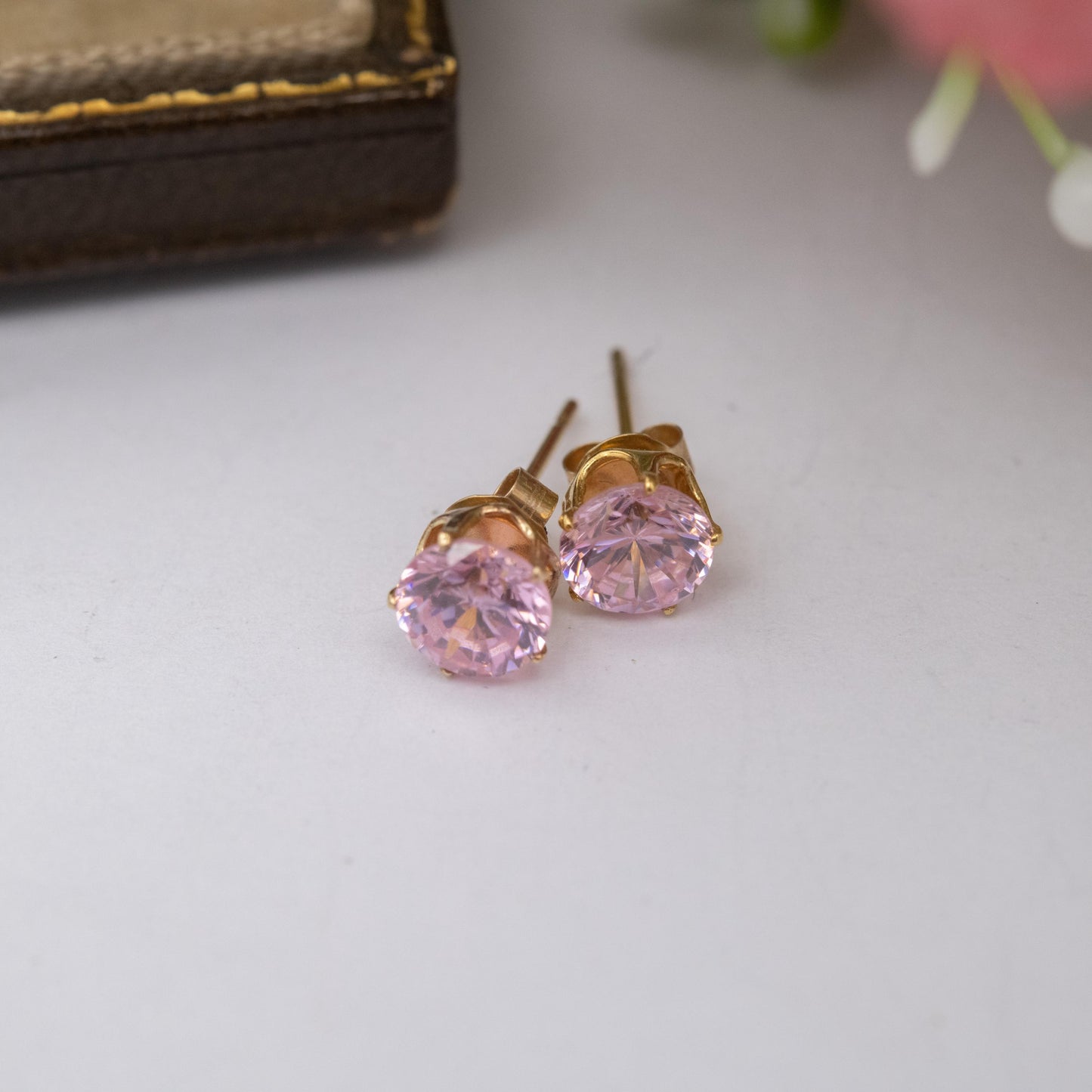Vintage 9ct Gold Pink CZ Stud Earrings - Small Studs | Purple Gemstones | Gift for Her