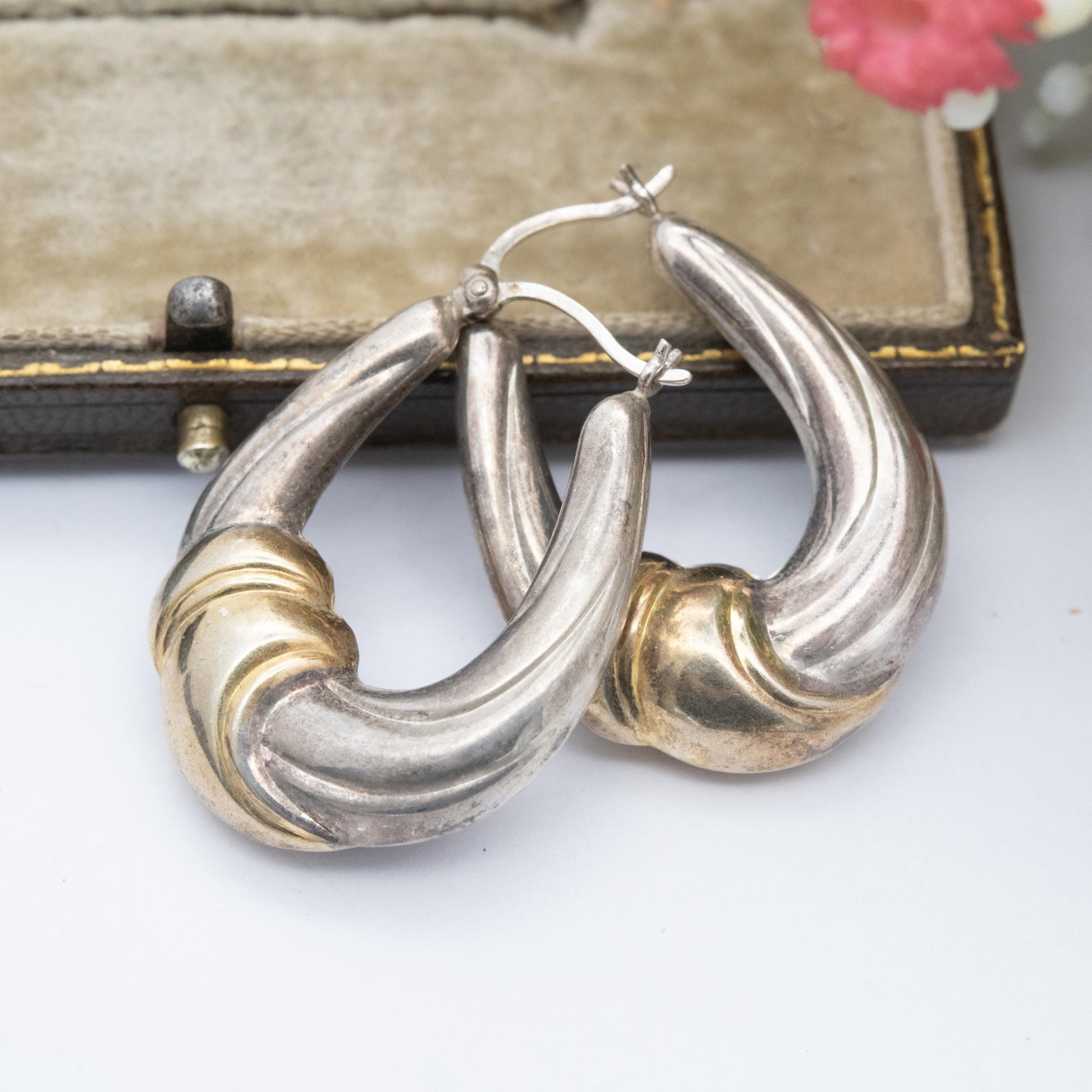 Vintage Sterling Silver Gold Plated Hoop Earrings - Chunky Minimalist Fabric Knot Design | Everyday Jewellery Gift for Her