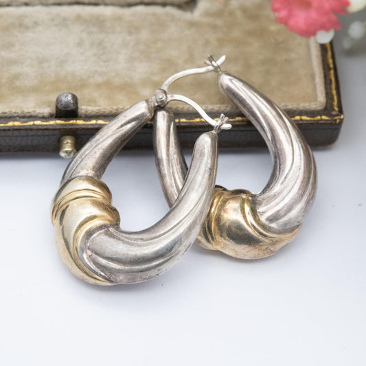 Vintage Sterling Silver Gold Plated Hoop Earrings - Chunky Minimalist Fabric Knot Design | Everyday Jewellery Gift for Her