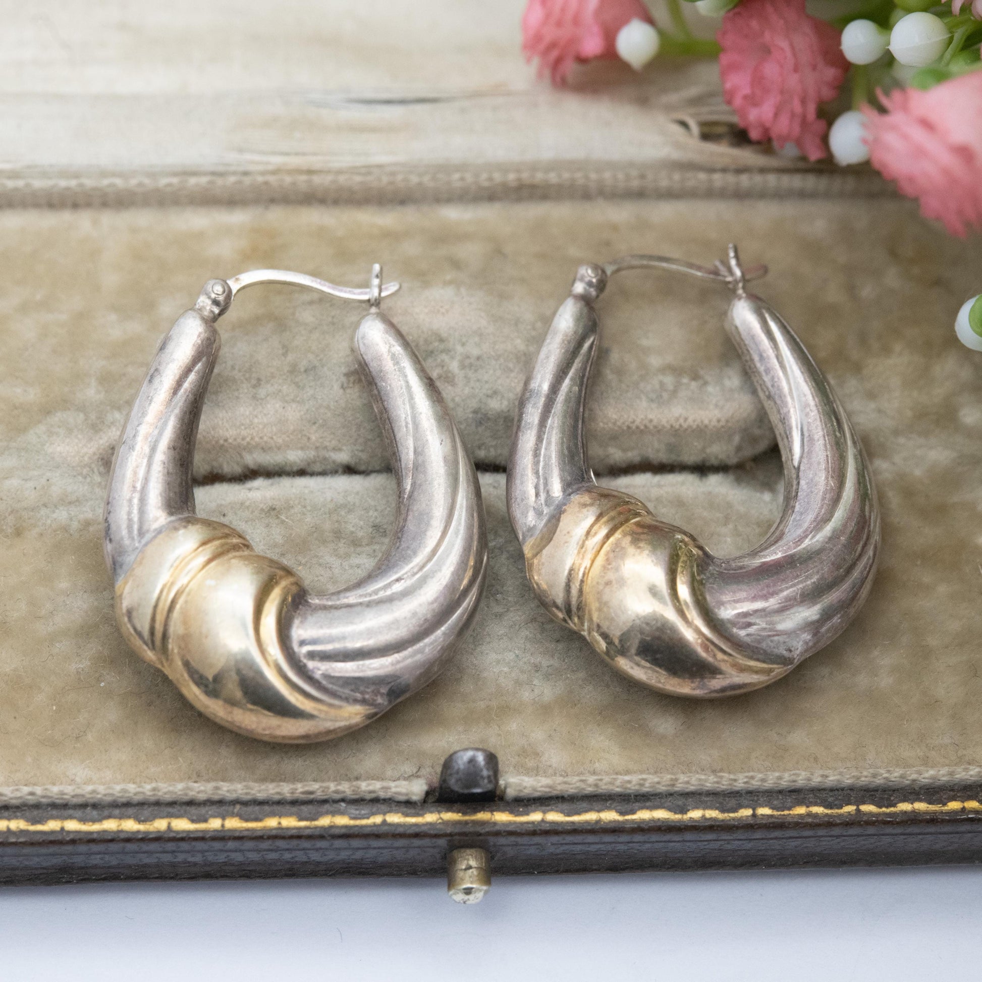 Vintage Sterling Silver Gold Plated Hoop Earrings - Chunky Minimalist Fabric Knot Design | Everyday Jewellery Gift for Her