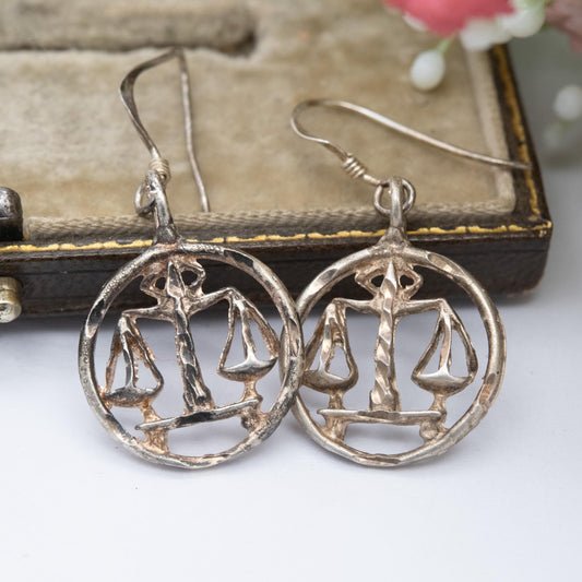 Vintage Sterling Silver Libra Drop Earrings - Circular Openwork Design | September October Birthday Gift for Her