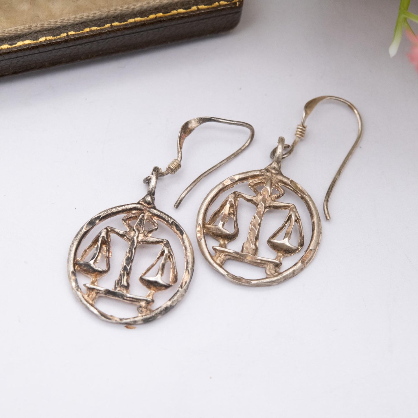 Vintage Sterling Silver Libra Drop Earrings - Circular Openwork Design | September October Birthday Gift for Her