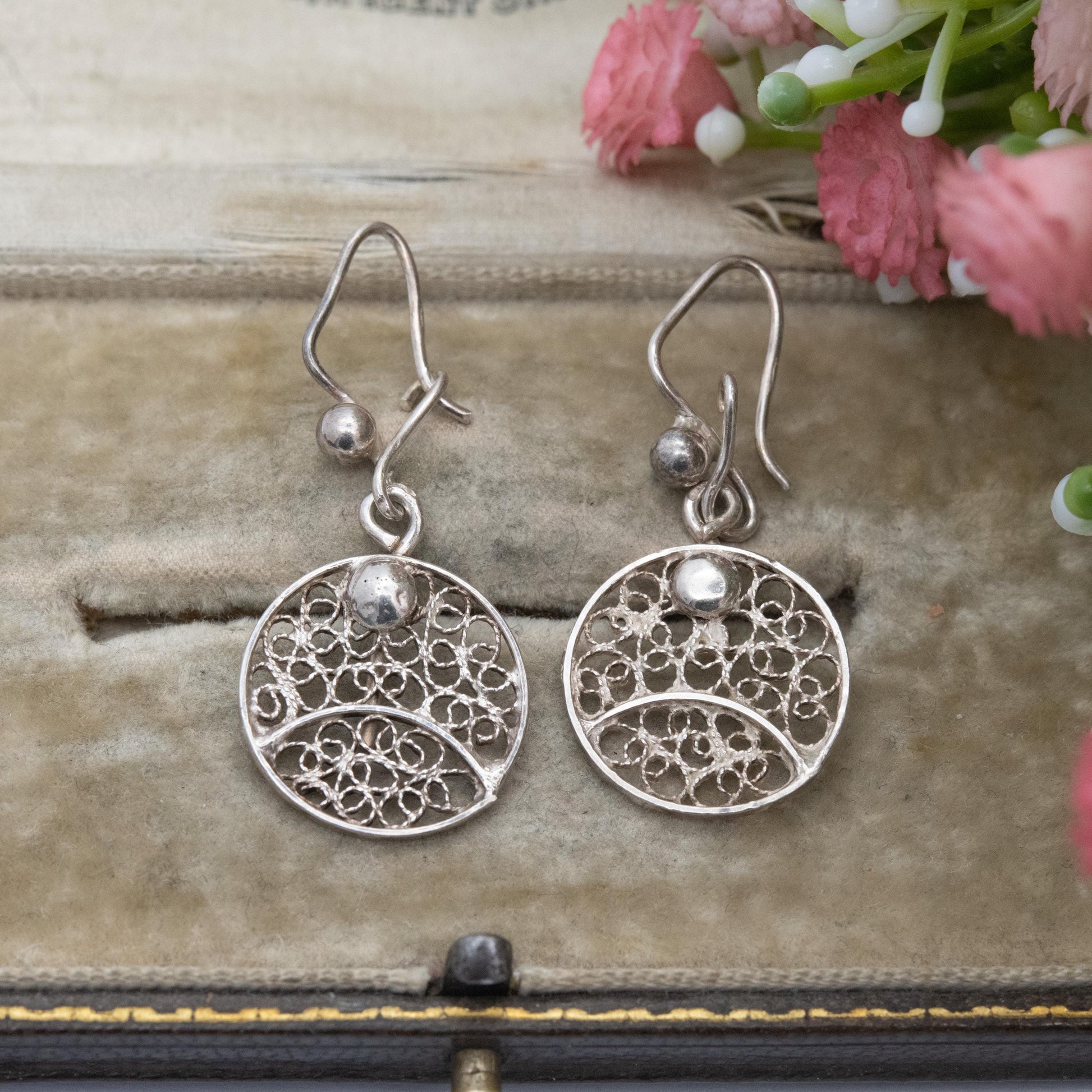 Vintage Sterling Silver Square Filigree Circle Drop Earrings - Ornate Openwork Design | Gift for Her