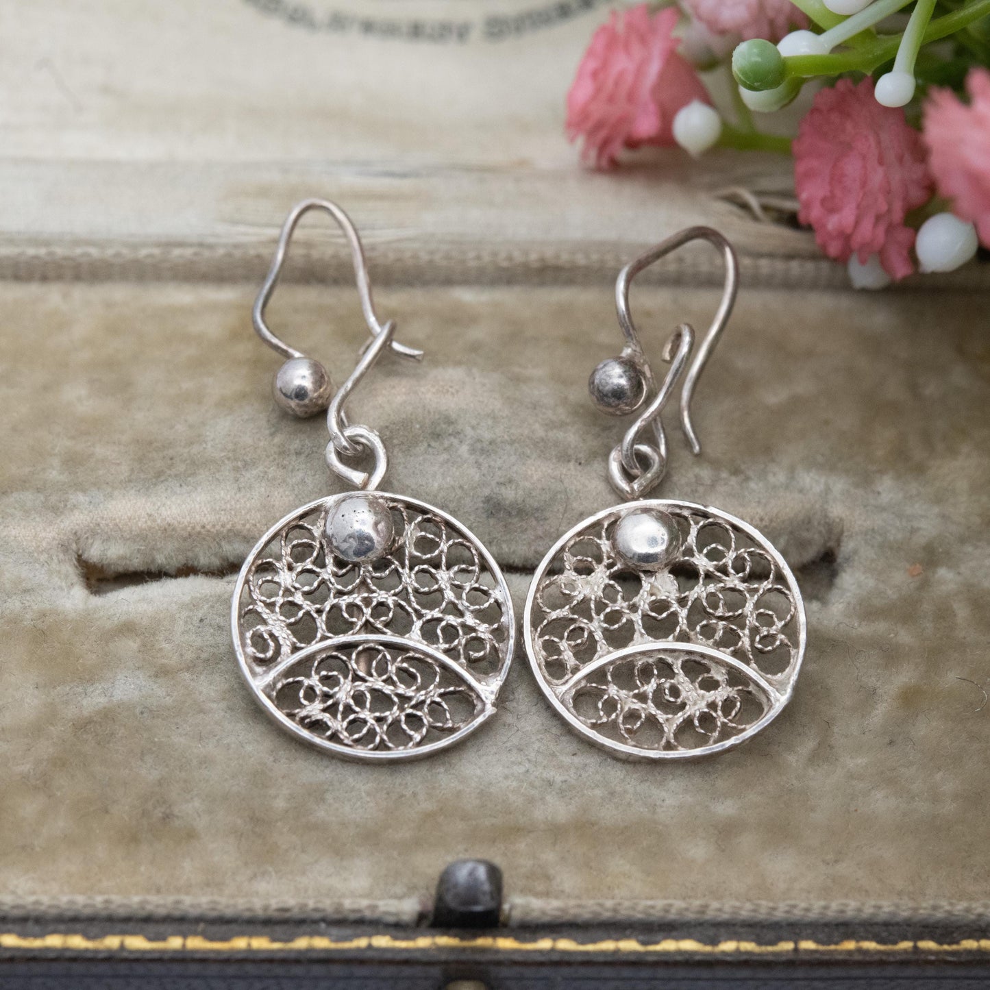 Vintage Sterling Silver Square Filigree Circle Drop Earrings - Ornate Openwork Design | Gift for Her