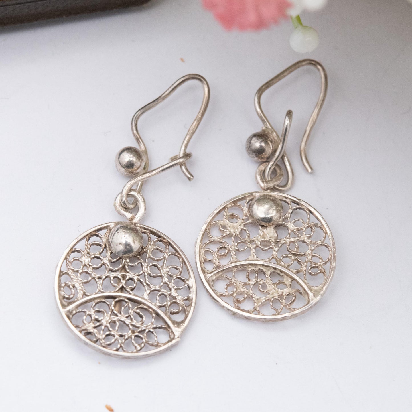 Vintage Sterling Silver Square Filigree Circle Drop Earrings - Ornate Openwork Design | Gift for Her