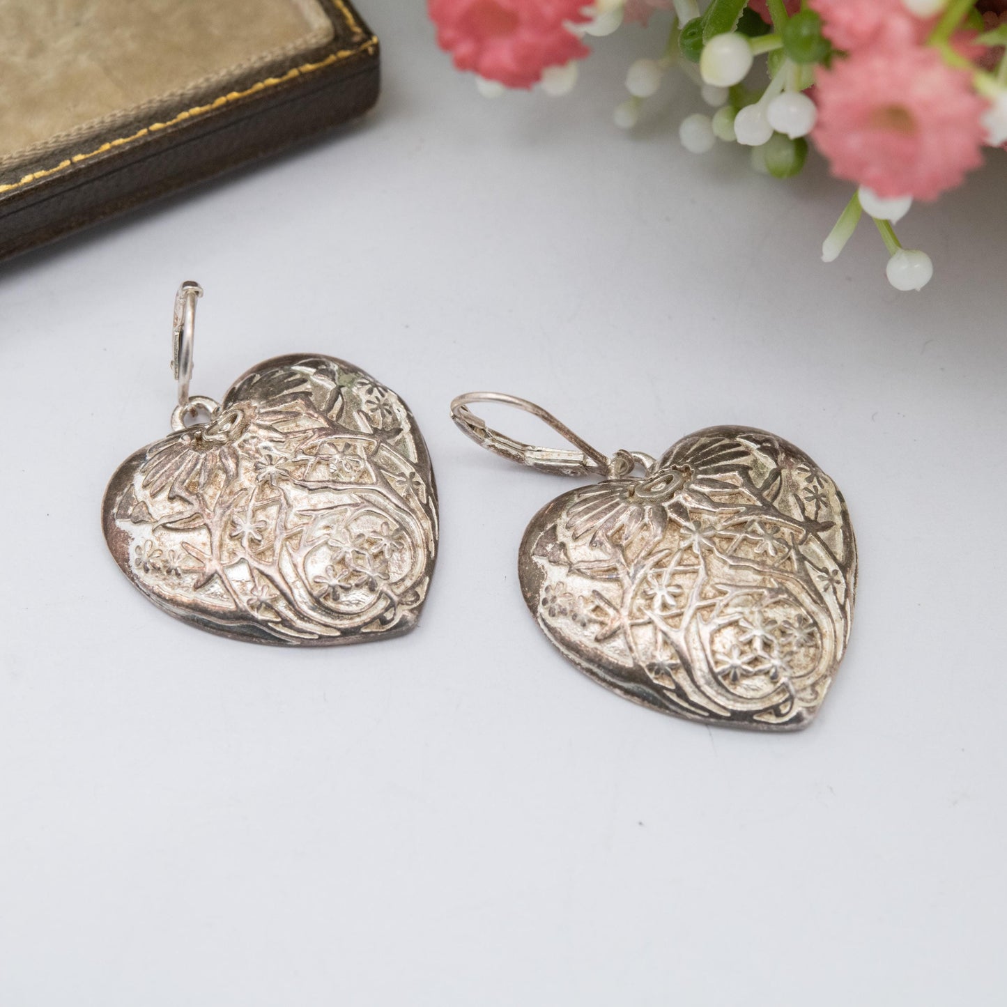Vintage Sterling Silver Floral Love Heart Drop Earrings - Raised Flower Design | Gift for Her