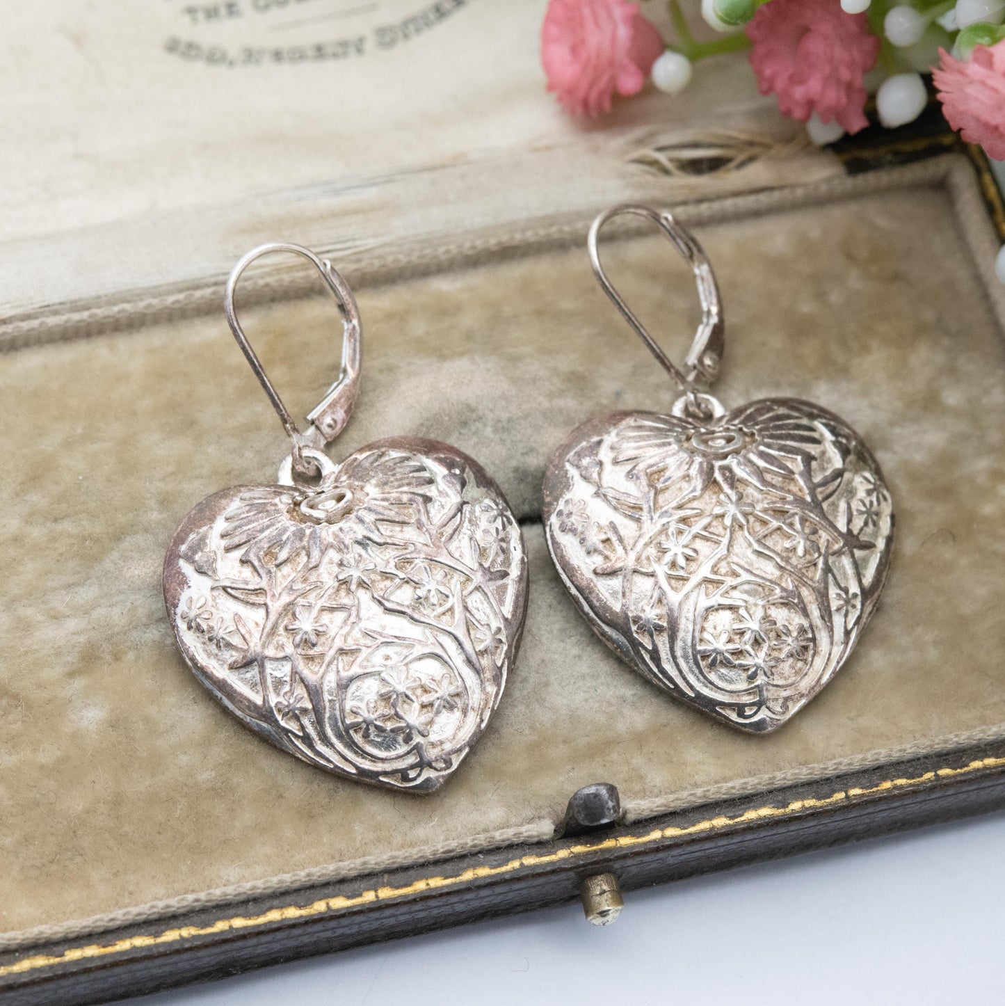 Vintage Sterling Silver Floral Love Heart Drop Earrings - Raised Flower Design | Gift for Her