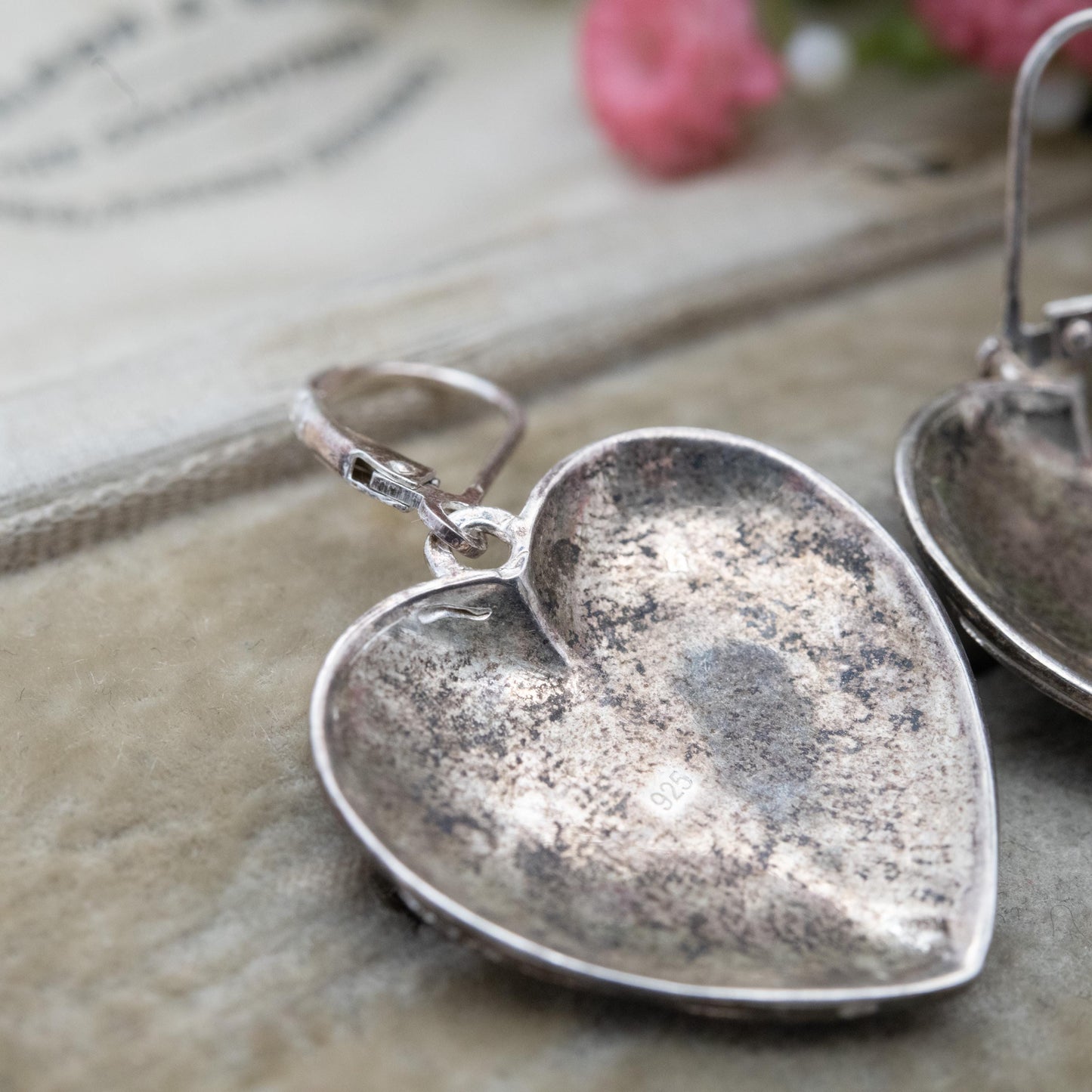 Vintage Sterling Silver Floral Love Heart Drop Earrings - Raised Flower Design | Gift for Her