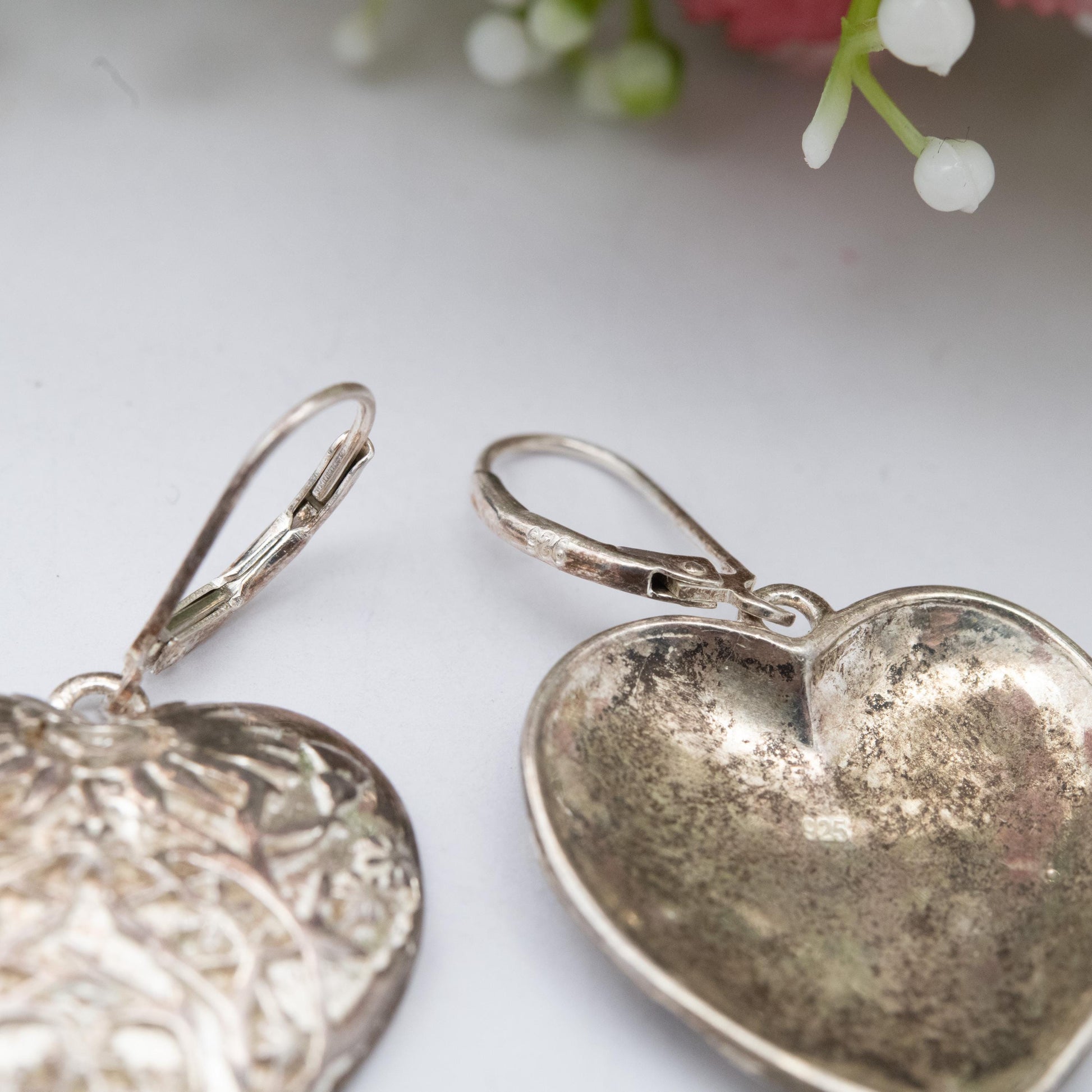 Vintage Sterling Silver Floral Love Heart Drop Earrings - Raised Flower Design | Gift for Her