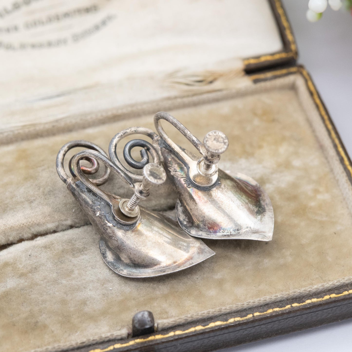 Vintage Scandi Silver Screw Back Flower Earrings - Heirig Scandinavian Peace Lily Floral Jewellery | Gift for Her