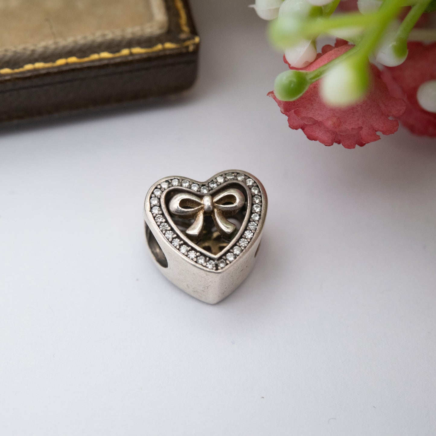 Pandora Sterling Silver White Stone Bound By Love Charm Pendant - Love Heart Bow | Gift for Charm Bracelet Necklace