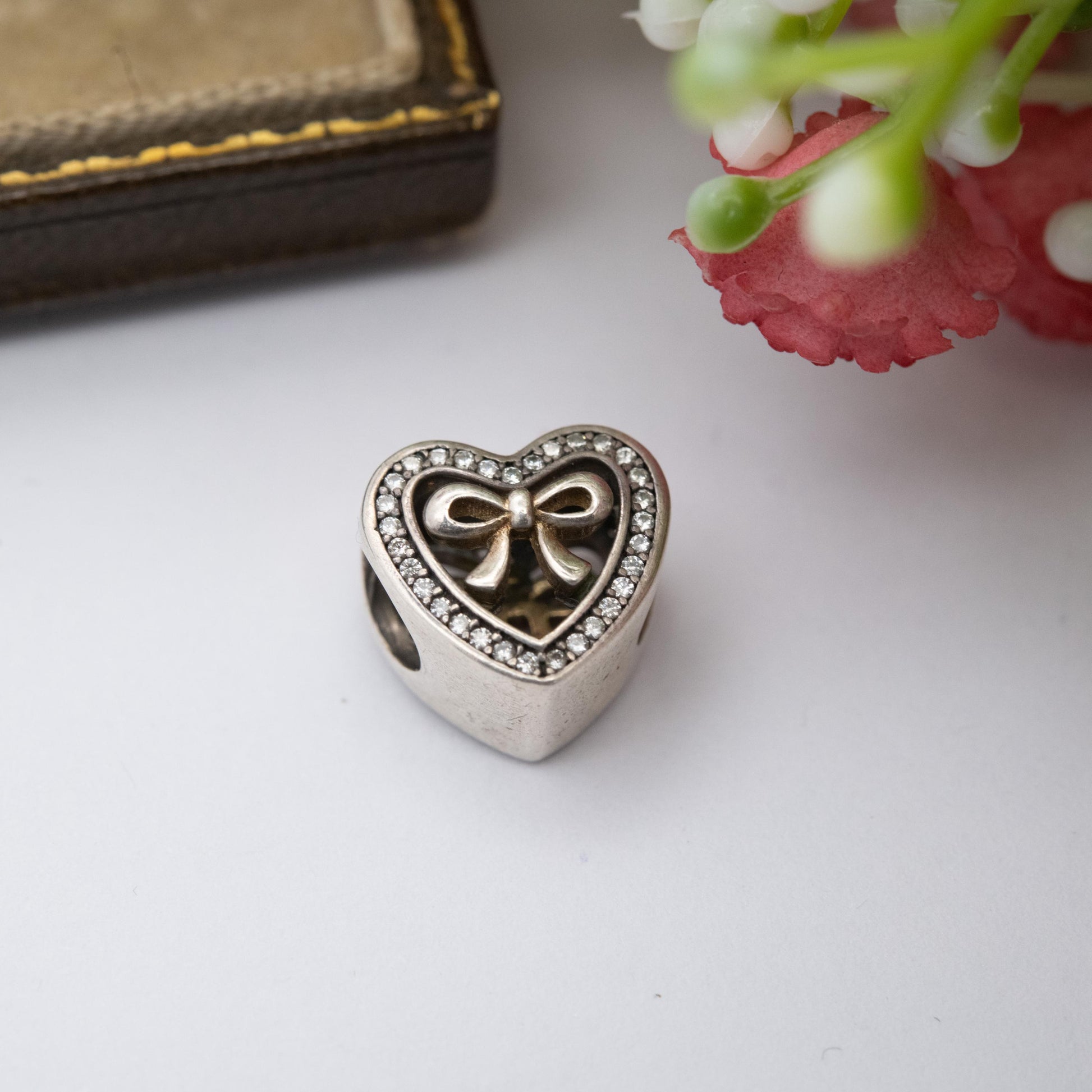 Pandora Sterling Silver White Stone Bound By Love Charm Pendant - Love Heart Bow | Gift for Charm Bracelet Necklace