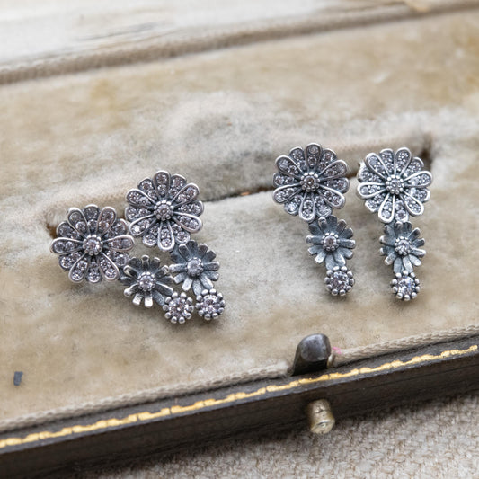 Pandora Sterling Silver Clear Stone Flower Stud Earrings - Designer Gift for Her