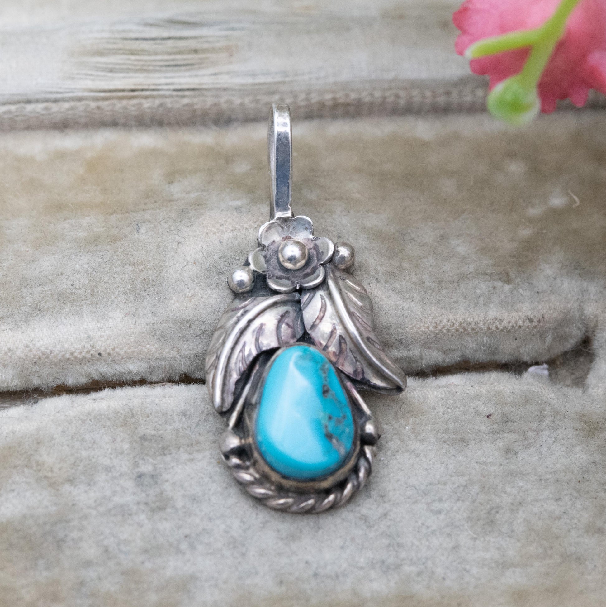 Vintage Navajo Sterling Silver Turquoise Pendant - Cabochon Blue Stone and Flower Design | Gift for Her