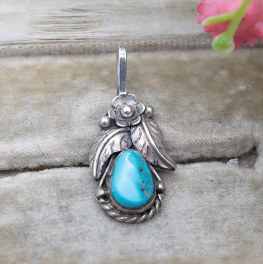 Vintage Navajo Sterling Silver Turquoise Pendant - Cabochon Blue Stone and Flower Design | Gift for Her