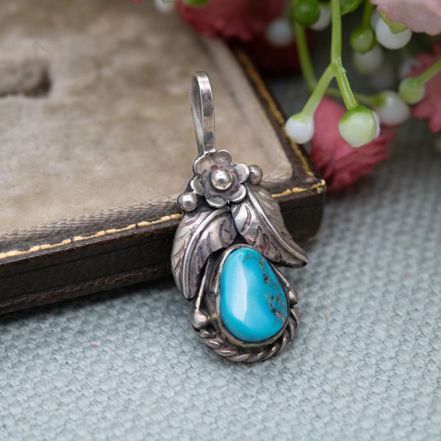 Vintage Navajo Sterling Silver Turquoise Pendant - Cabochon Blue Stone and Flower Design | Gift for Her