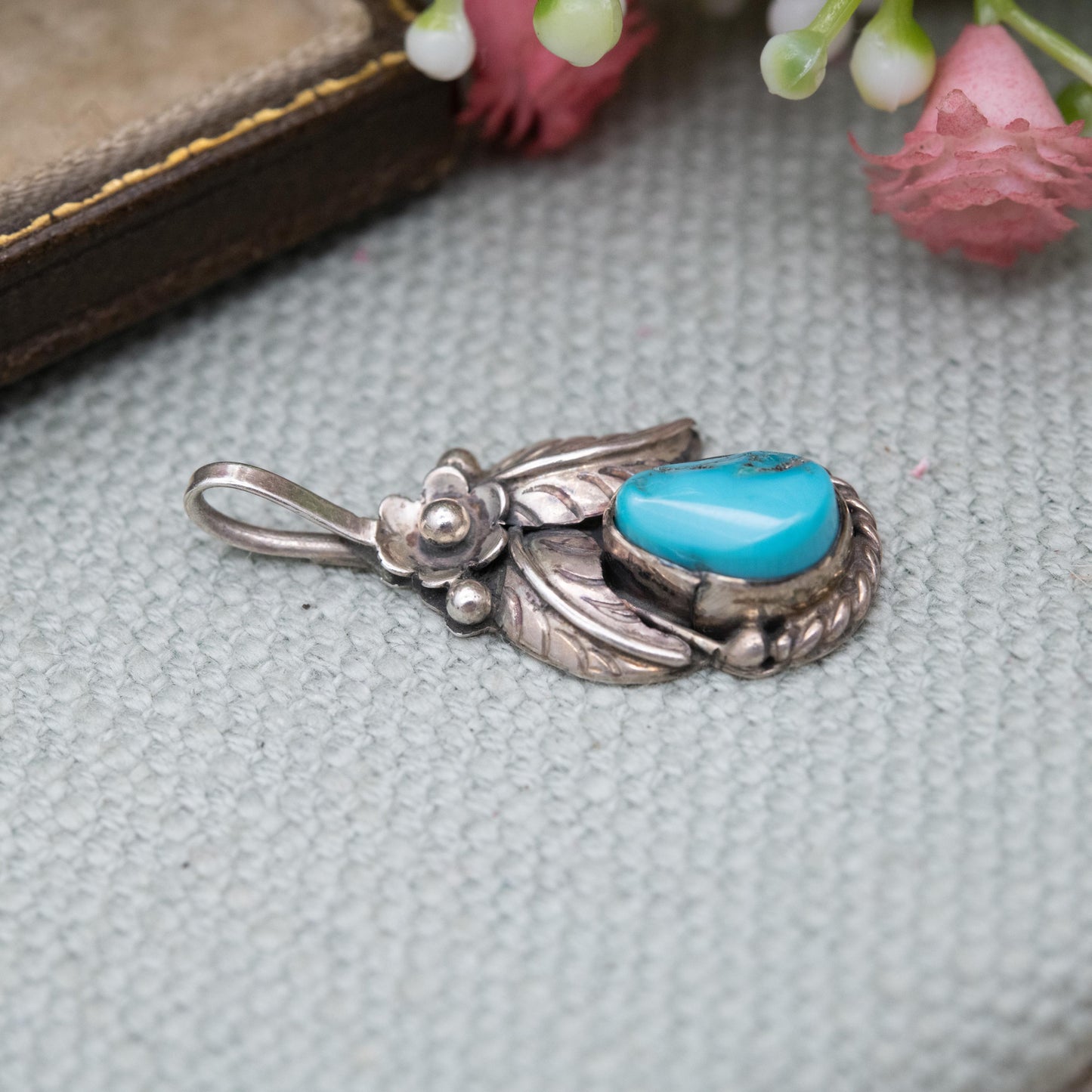 Vintage Navajo Sterling Silver Turquoise Pendant - Cabochon Blue Stone and Flower Design | Gift for Her