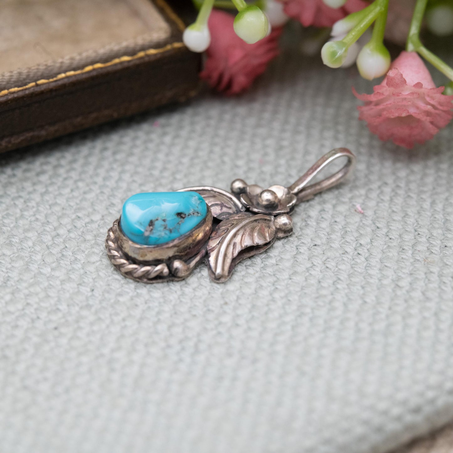 Vintage Navajo Sterling Silver Turquoise Pendant - Cabochon Blue Stone and Flower Design | Gift for Her