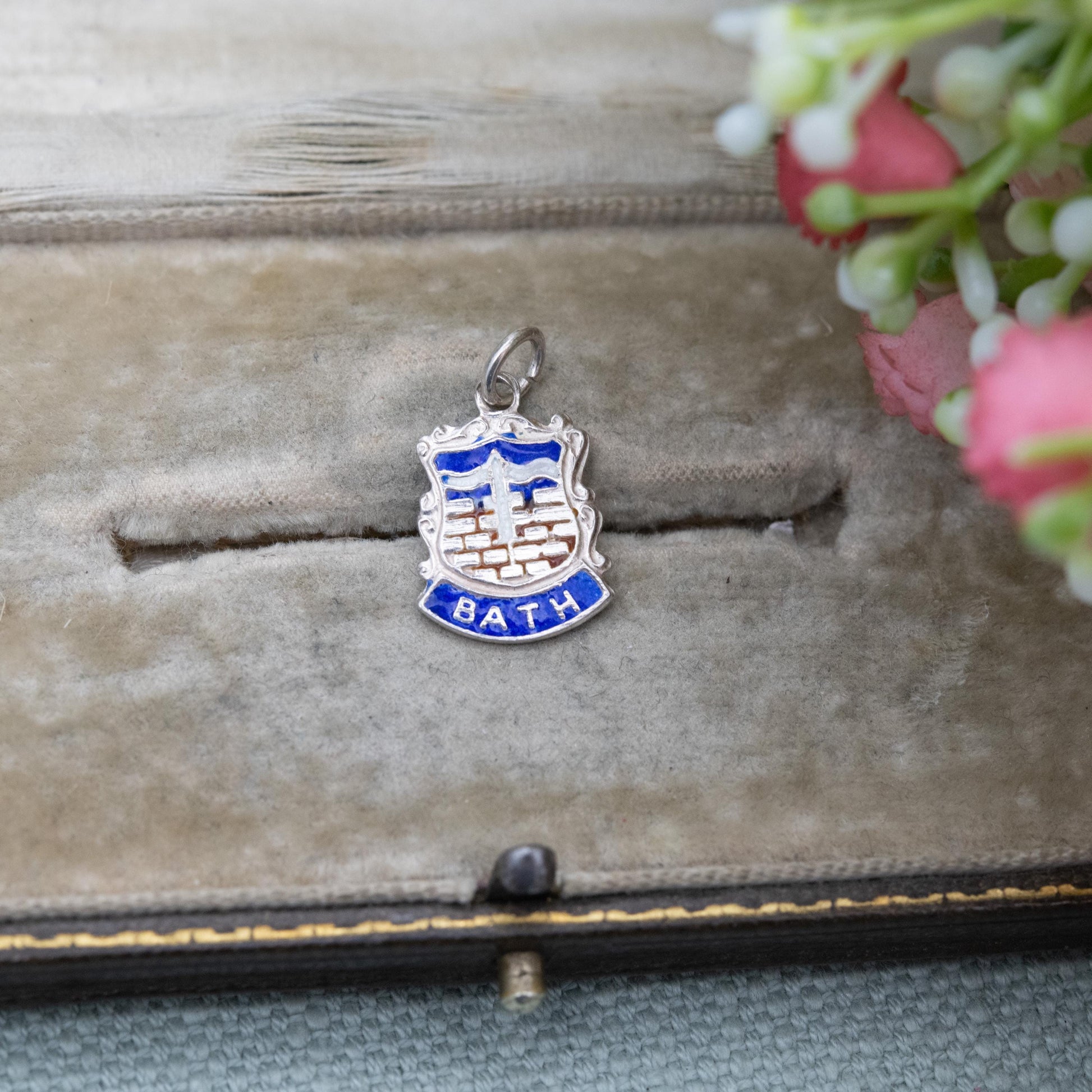 Vintage Silver Enamel Bath Souvenir Shield Charm Pendant - England Souvenir Gift for Charm Bracelet
