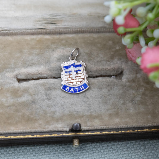 Vintage Silver Enamel Bath Souvenir Shield Charm Pendant - England Souvenir Gift for Charm Bracelet
