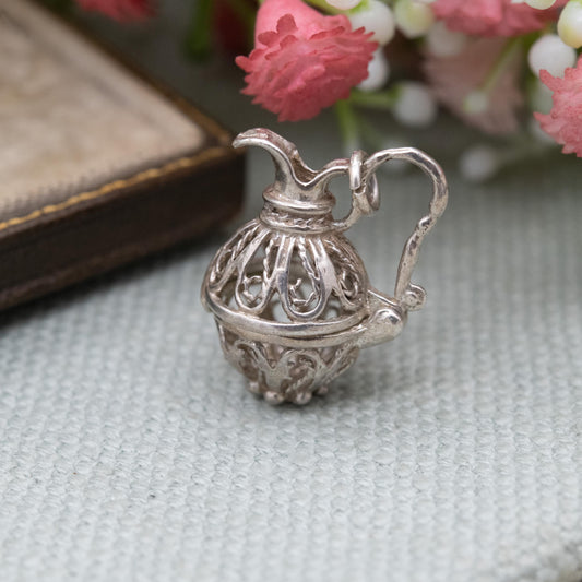 Vintage Silver Opening Jug Charm Pendant - Ornate Openwork Design | Gift for Charm Bracelet