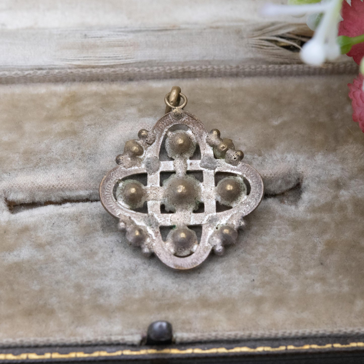 Antique Edwardian Paste and Guilloché Enamel Pendant - Rounded Square Openwork Cross Charm