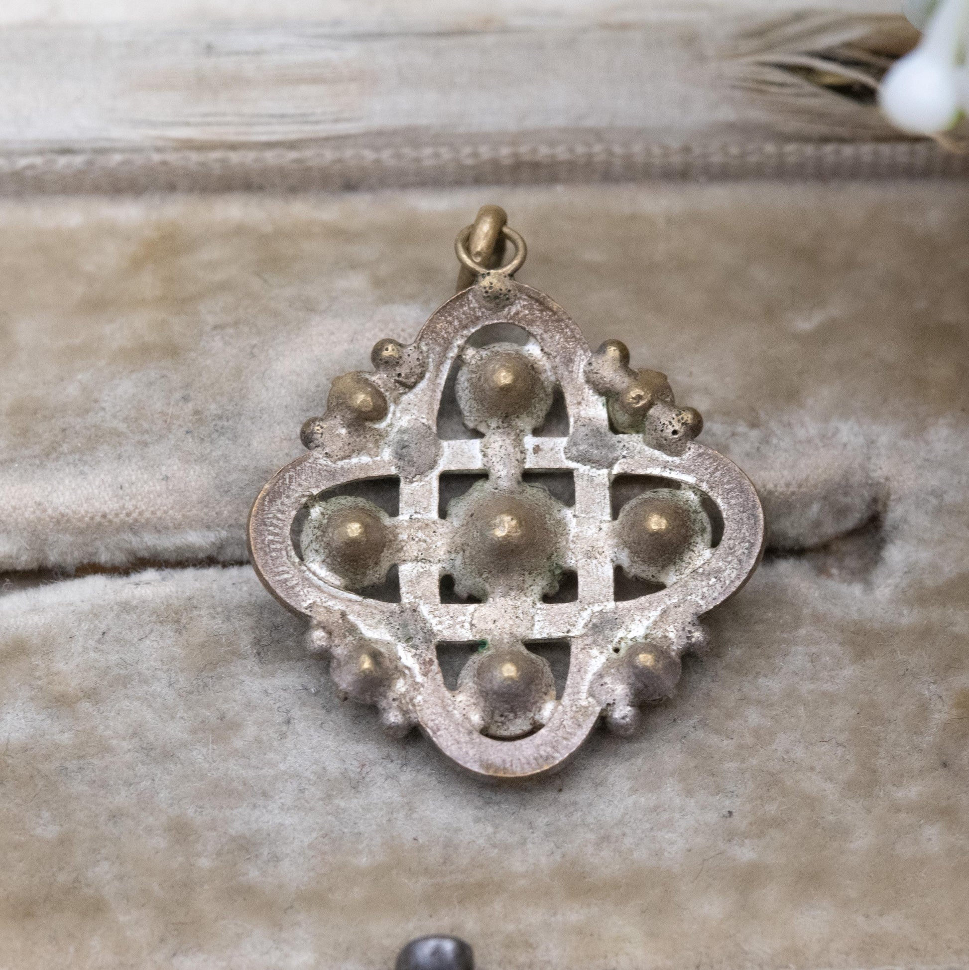 Antique Edwardian Paste and Guilloché Enamel Pendant - Rounded Square Openwork Cross Charm