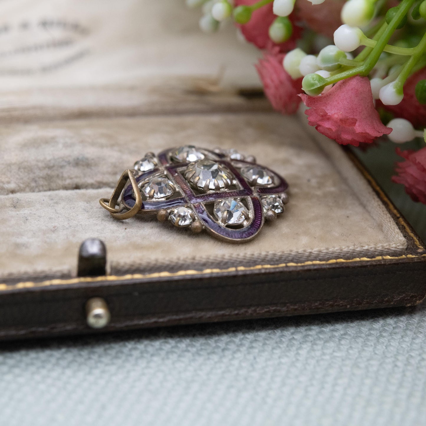 Antique Edwardian Paste and Guilloché Enamel Pendant - Rounded Square Openwork Cross Charm