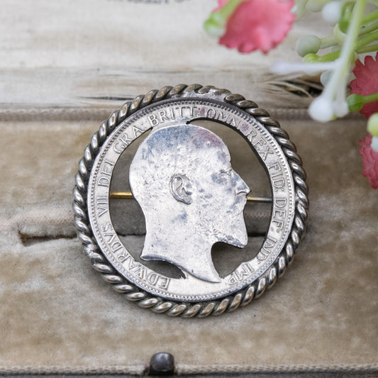 Antique 1902 Edward VII One Penny Cut Out Coin Brooch - Silver Plated Copper Coin Jewellery