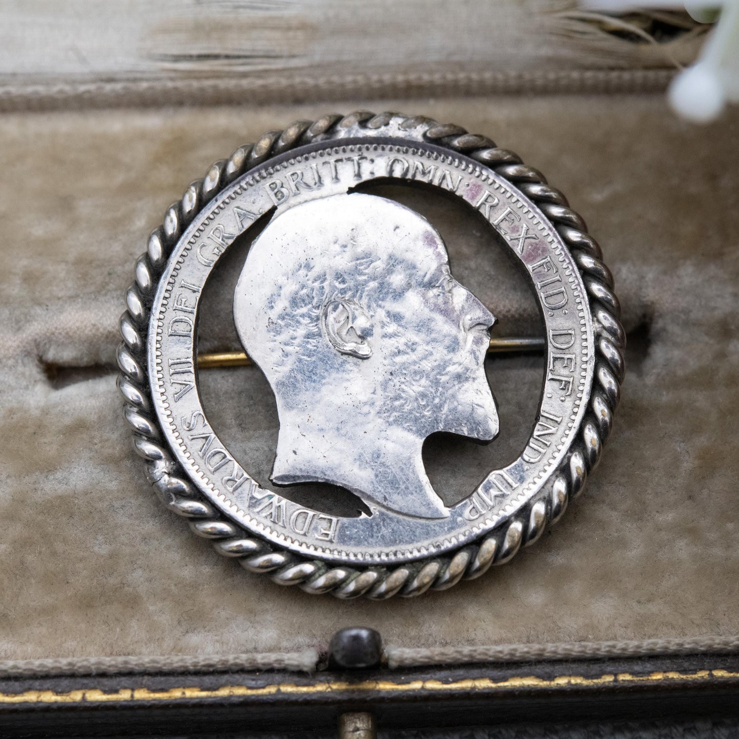 Antique 1902 Edward VII One Penny Cut Out Coin Brooch - Silver Plated Copper Coin Jewellery