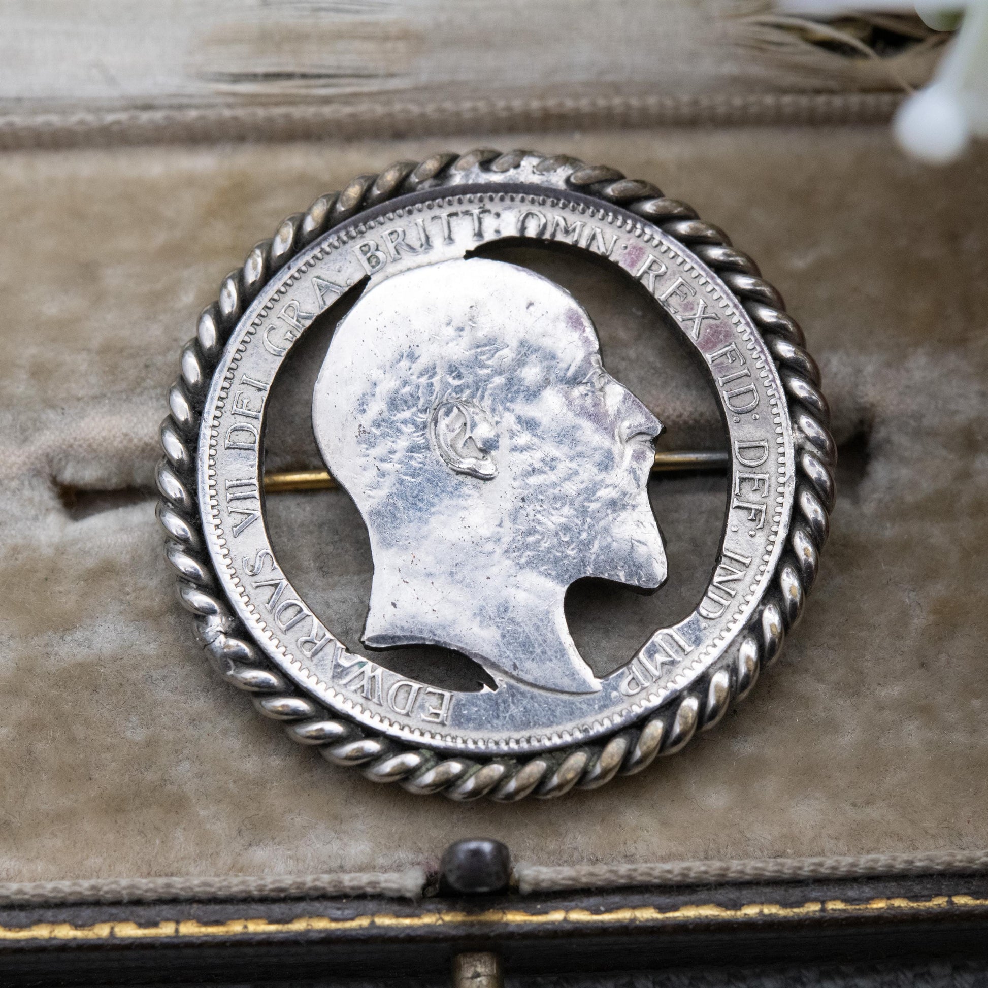 Antique 1902 Edward VII One Penny Cut Out Coin Brooch - Silver Plated Copper Coin Jewellery