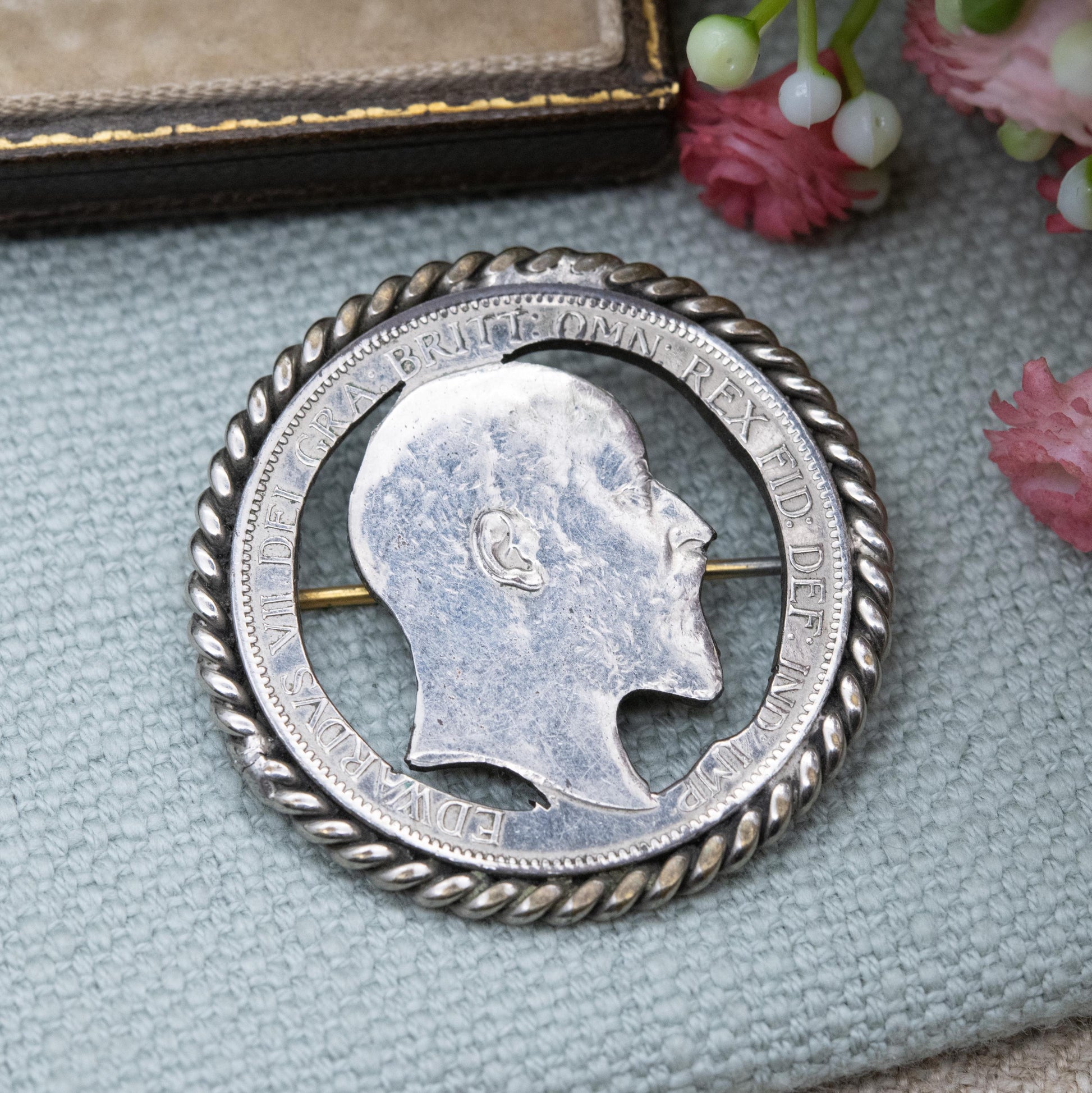 Antique 1902 Edward VII One Penny Cut Out Coin Brooch - Silver Plated Copper Coin Jewellery