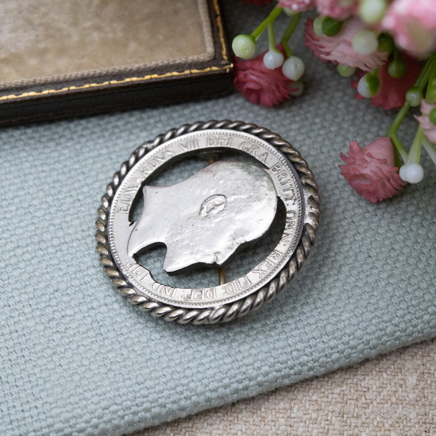 Antique 1902 Edward VII One Penny Cut Out Coin Brooch - Silver Plated Copper Coin Jewellery