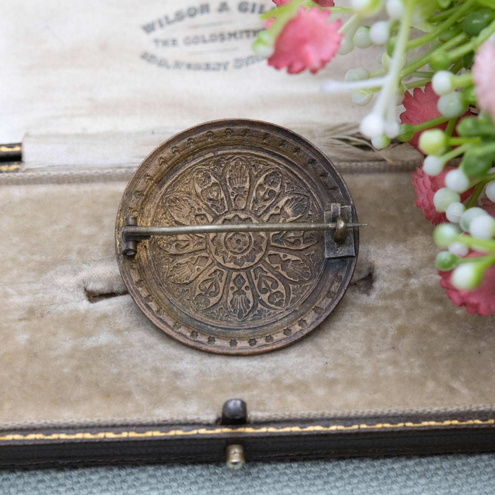 Antique Enamel Brooch - Pressed Metal Domed Circle Shape | Victorian Era
