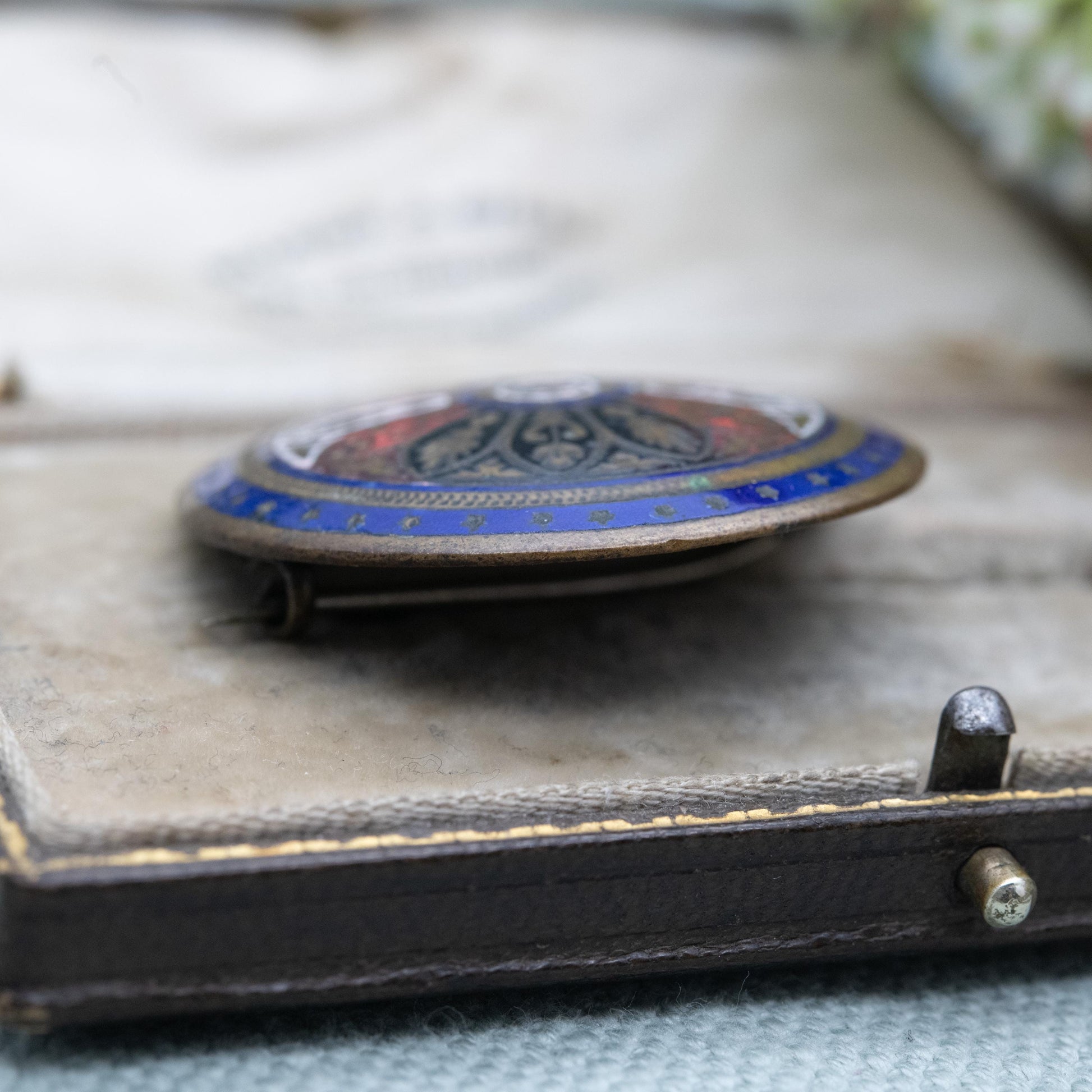 Antique Enamel Brooch - Pressed Metal Domed Circle Shape | Victorian Era