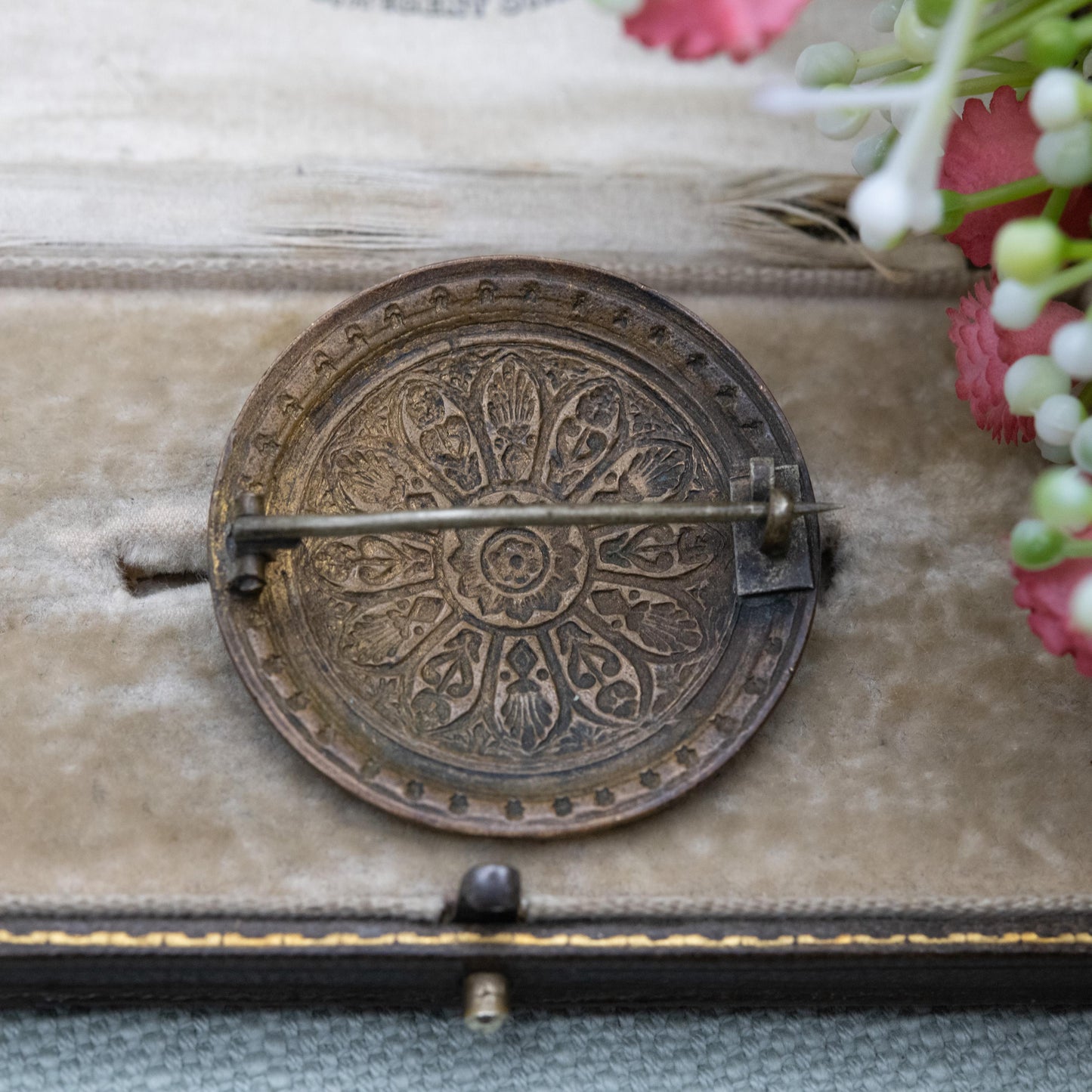 Antique Enamel Brooch - Pressed Metal Domed Circle Shape | Victorian Era