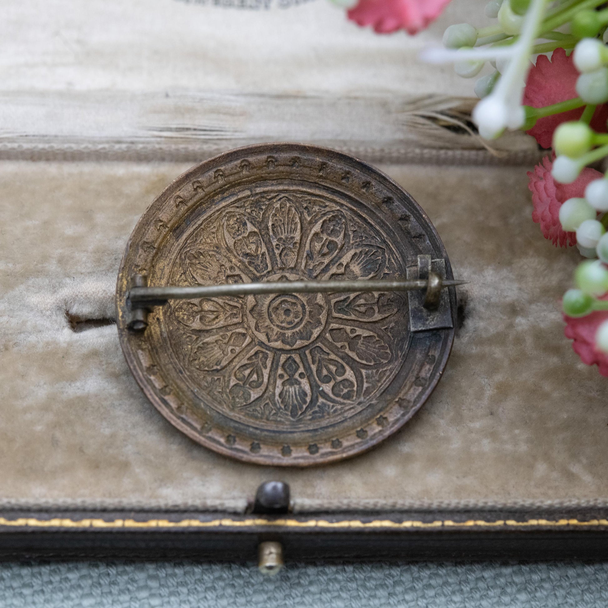 Antique Enamel Brooch - Pressed Metal Domed Circle Shape | Victorian Era