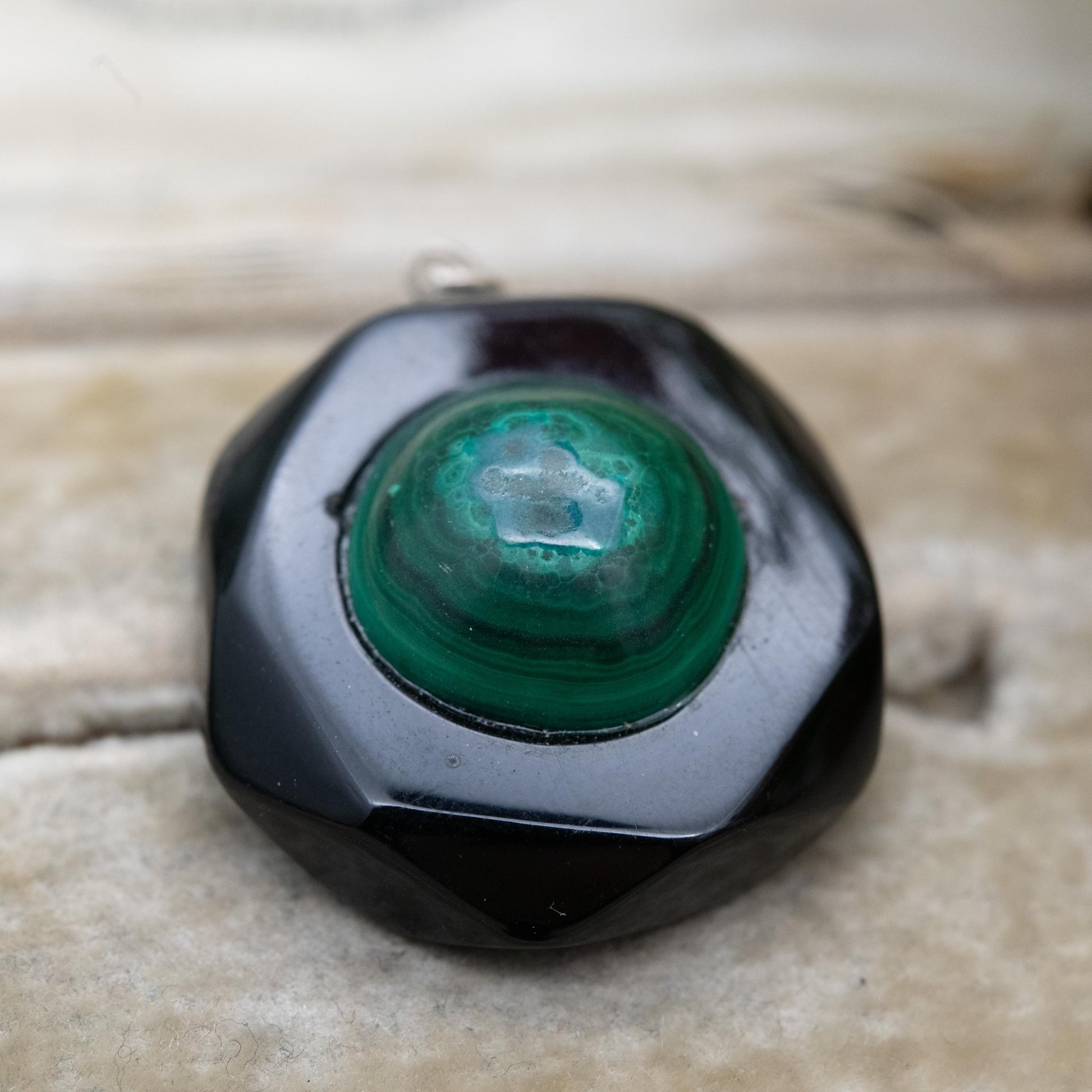 Antique Victorian Jet and Malachite Pendant - Black and Green Gemstone Inlay