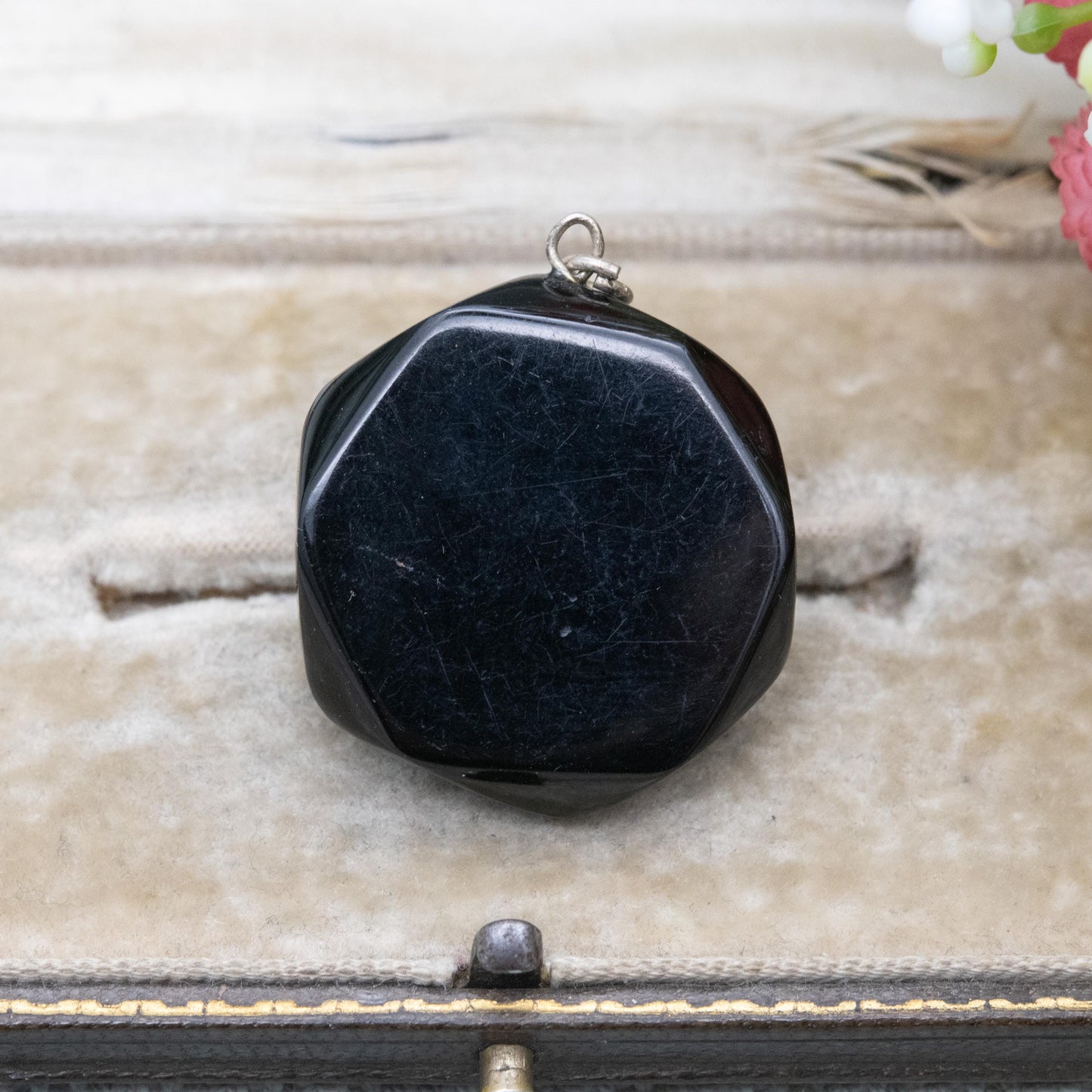 Antique Victorian Jet and Malachite Pendant - Black and Green Gemstone Inlay