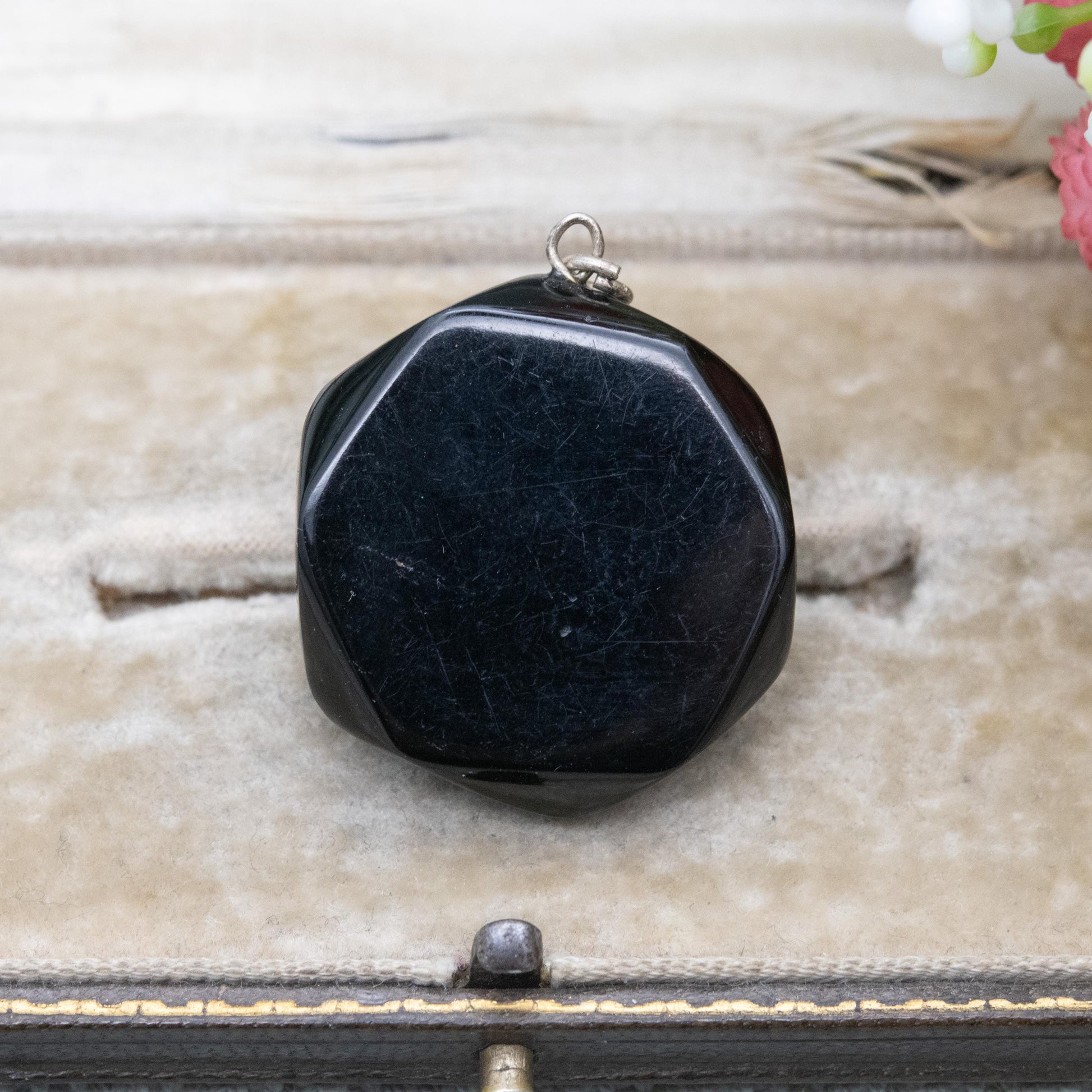 Antique Victorian Jet and Malachite Pendant - Black and Green Gemstone Inlay